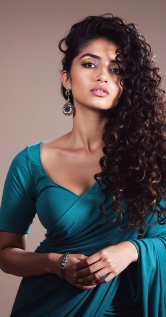 Fashion model photography, blue top, strong sense of design, middle ground, beautiful Saudi model, long hair, hair accessories, delicate skin, necklace, simple background, high texture, glare backlight, professional studio lighting