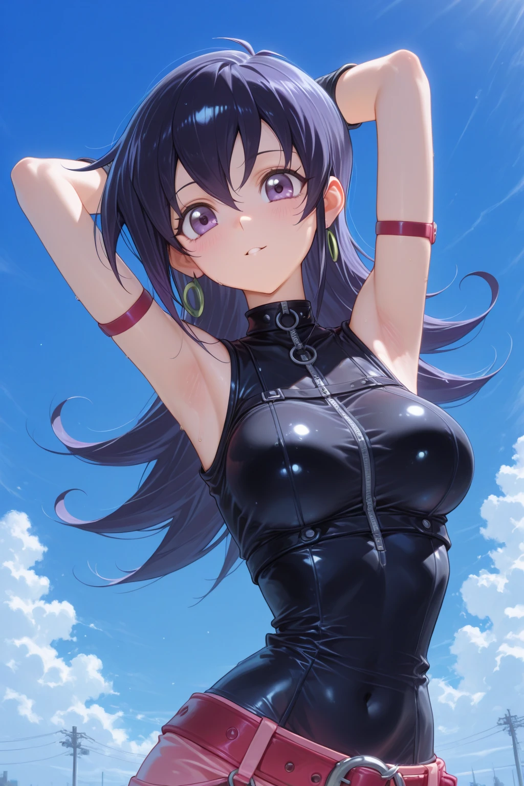 (cabello despeinado), (illustration), retrato, (fondo de ciudad futurista), (arms behind back), Cintura delgada, gran sonrisa, ojos detallados, abdominales fuertes, chica delgada, strong abs, muscle girl, front pose, big thighs, focus on face, big breast, large city background, blue hair, sailor uniform, skirt, sit on rock, detailed vagina, nude, heavy armor suit