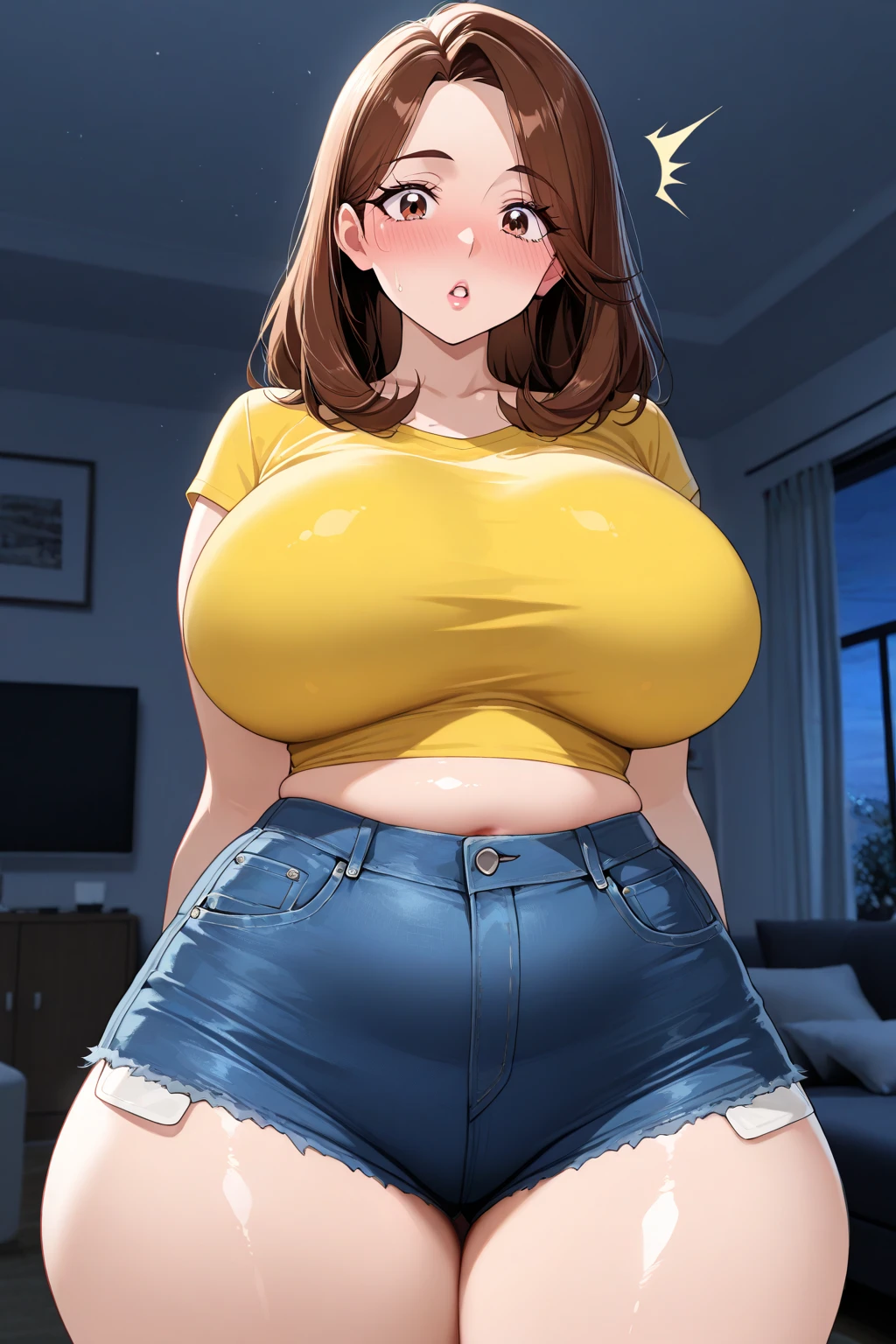 Female Jesse from Minecraft story mode she’s really obese and has really really massive, huge, absolutely giant titties, she is tan with short brown hair and is wearing a t-shirt, Jean shorts, and suspenders