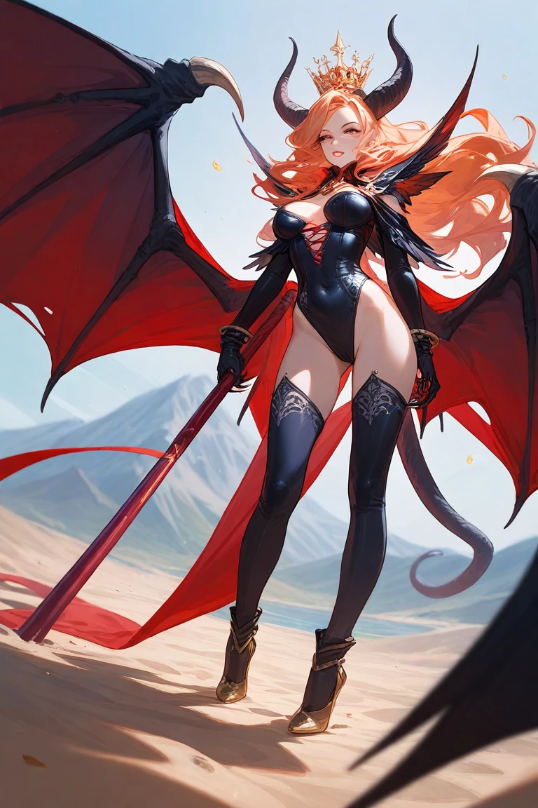 (Golden ratio:1.2),[(greybackground:1.4)::10],(masutepiece), (Best Quality), (ultra-detailliert),(disheveled hair),(Illustration),(1girl in:1.3),(Solo),Full body,((Bronze skin:1.3)),(huge-breasted),(Big butt:1.2),peach ass,Red hair, Gradient Hair, Hair intake, Giant Devil's Horn,(Red_forehead gem:1.2)+(Black_forehead mark:1.2),Devil's Pupil, Red Eyes, long pointy ears,Wet clothes,((white_wet bikini:1.3)+(Armor Groove:1.2)+(Heart tattoo on the crotch:1.3), Evil smile, Jitome, troll, Red lips,Evil,(Vest line:1.2)+(strong muscles:1.2)+(Tall body:1.1),(Standing on a broken black stone:1.2)+(Flowing red lava and crimson crystal dolus:1.3)+[(Inception:1.2)], Chiaroscuro, anaglyph, drop shadow, Character Chart, 1080p, 8K, Textured skin, Anatomically correct, ティッカーa cartoon of a beautiful naked lady in purple and gold lays down on top of a demon, 1girl, breasts, solo, wings, tail, horns, orange hair, long hair, demon tail, demon wings, thighhighs, demon horns, demon girl, leotard, gloves, huge breasts