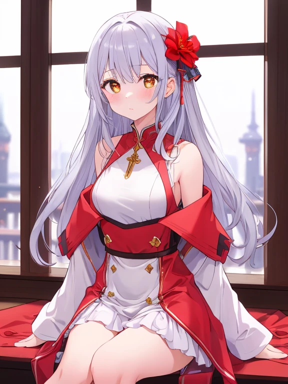 4K，masterpiece，best quality，Traditional Chinese ink painting，White hair, red pupils, dog ears, big breasts beauty，barefoot，Wearing an ancient white robe，The robe has lace on it，Gold bells tied with red ropes on ankles and neck，Sitting gracefully on the bed by the window at dusk，Dress conservatively，Smile，Off-shoulder