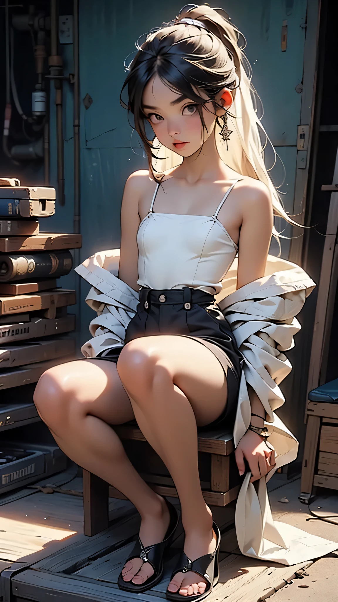 （Cafe：1 silver-haired girl, Girl）， tmasterpiece， best qualtiy， RAW photogr， realisticlying， the face， Incredibly Ridiculous res， Beautiful elf beauty， ear studs，Get wet all over， (Long silver hair)， Crop topping，(Plaid JK skirt)，stocklings，(Ribbon shoes)，depth of fields， A high resolution， ultra - detailed， filigree， RAWE is very detailed， very detailed eyes and faces， Sharp pupils， realistic pupil， tack sharp focus， cinmatic lighting，full bodyesbian，Bigboobs，long leges，From the front side，Rainy day café，dynamicposes
