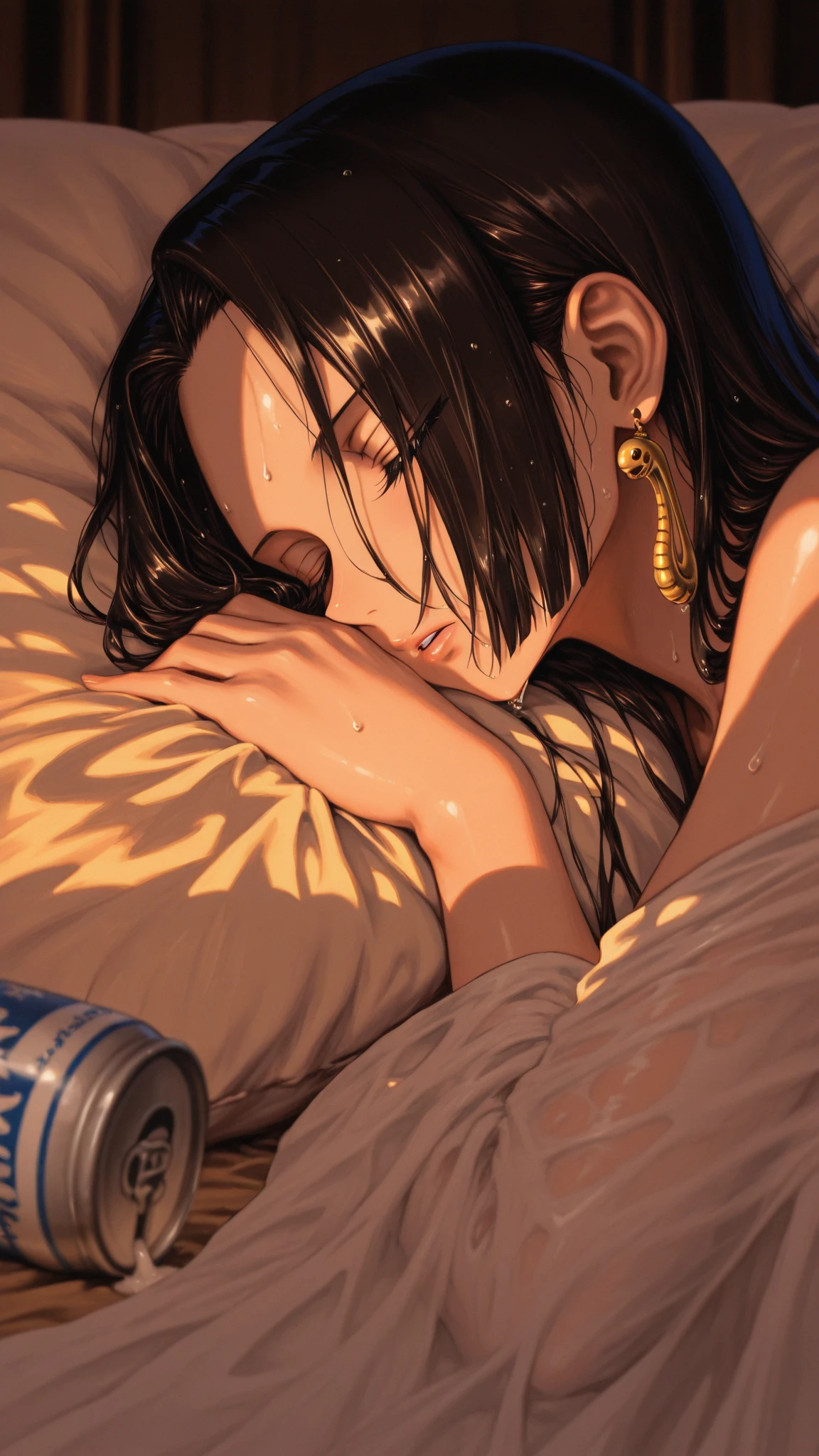 blue hair, ponytail, brown eyes, breasts, epic art, fantasy, 1girl, solo, looking_at_viewer, lying, pantyhose, indoors, black_legwear, shorts, jacket, long_sleeves, breasts, on_stomach, parted_lips, "long shot scenic professional photograph of {prompt}, perfect viewpoint, highly detailed, wide-angle lens, hyper realistic, with dramatic sky, polarizing filter, natural lighting, vivid colors, everything in sharp focus, HDR, UHD, 64K", anime coloring, anime screencap, sweating, steaming body, fog