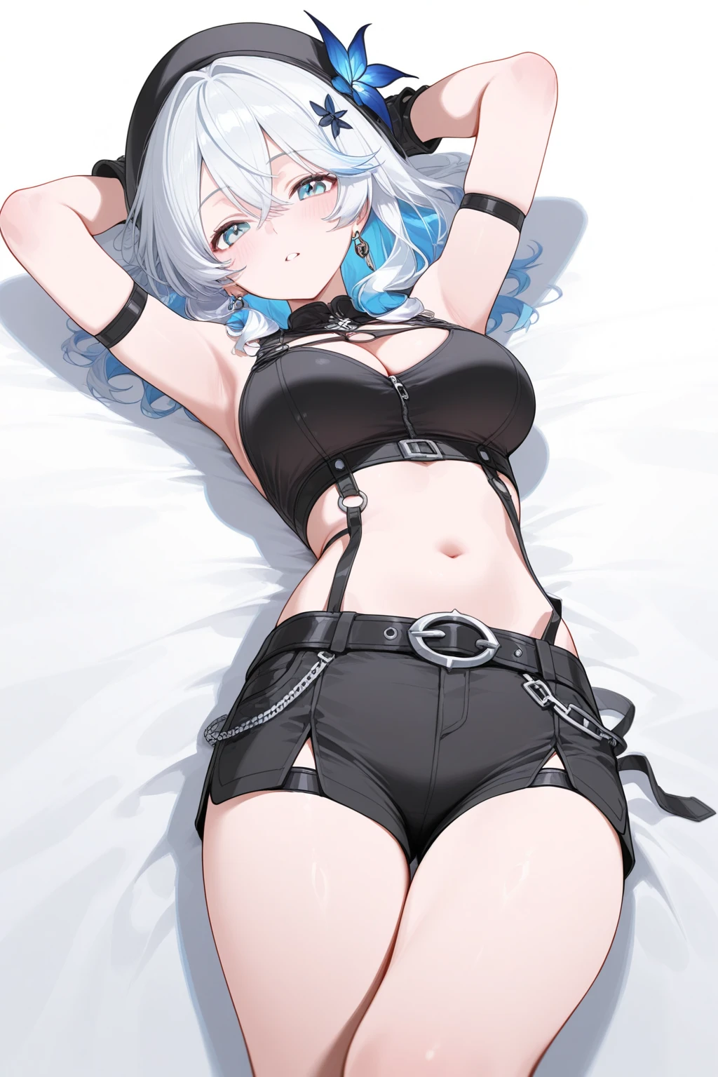 (extremely detaild的 CG unified 8k wallpapers),(tmasterpiece), (Best quality), (ultra - detailed), (Best Best Illustration),(The best shadow),being caught,Pressed to bed,The body is covered with many hands,Lie down in bed,arms back behind,Reluctant expressions,Spread your legs apart,lift one thigh