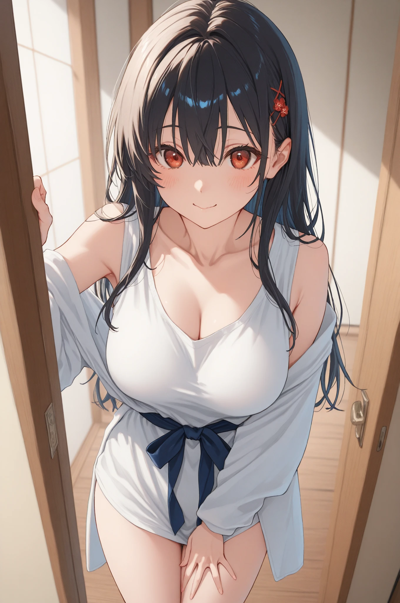 (Masterpiece, best quality, high res、highly detailed cg: 1), 'Are you sure your first time having ??? is with your aunt?' Create a picture of a married woman who is shy and seems less than full of being seen as a woman. Her expression is a mixture of embarrassment and slight pleasure, and her body movements show a little awkwardness and a little pride. Make this a suitable place for the ??? that is about to take place. ((Lascivious lingerie set, red ribbon, hair band)), 35 years old, nsfw, Rutting eyes