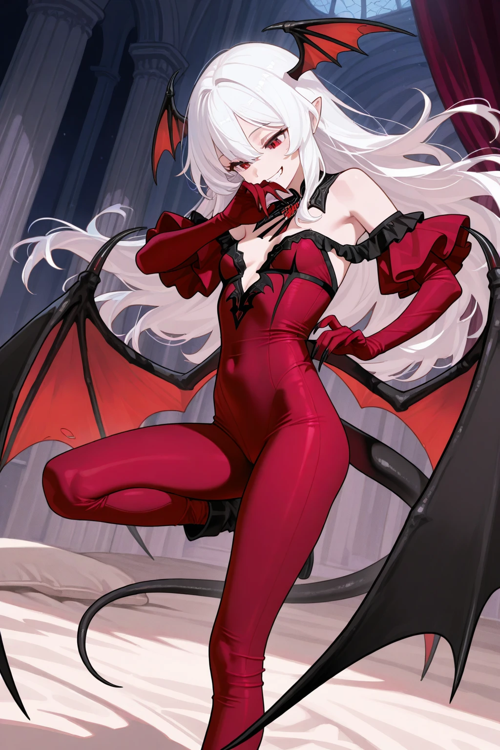 full body image of an anime style girl, the girl has a very thin body, the girl is flat, the girl has long legs, the girl has white skin, the girl is slightly blushing, the girl has red ears shaped like bat wings, the girl has purple hair, the girl&#39;s hair is short, the girl&#39;s hair reaches her shoulders, The girl wears a tight red latex suit, the girl has a thin black demon tail, At the tip of the girl&#39;s tail there is a black arrow, the girl is standing, the girl is posing provocatively, the girl is squinting her eyes slightly, the girl&#39;s eyes are bright red, the girl is smiling, the girl has bat wings full of spikes on her back, the girl&#39;s expression is provocative, The background of the image is a garden at night with night lights,
