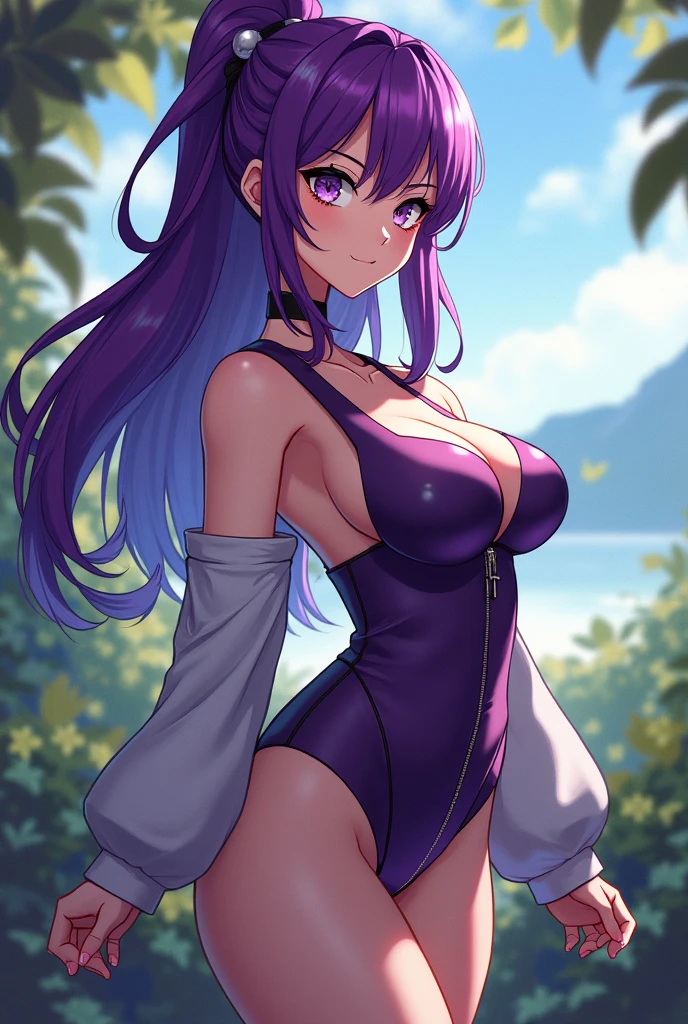 summer bb, fgo, (tanlines, dark-skinned female, gyaru:1.1), solo, smile, purple eyes, long hair, purple hair, red hair bow, neck ribbon, white highleg leotard, black coat, white gloves, open coat, huge breasts, star (sky), palm tree, starry sky, night, beach, squatting, arms raised, armpits