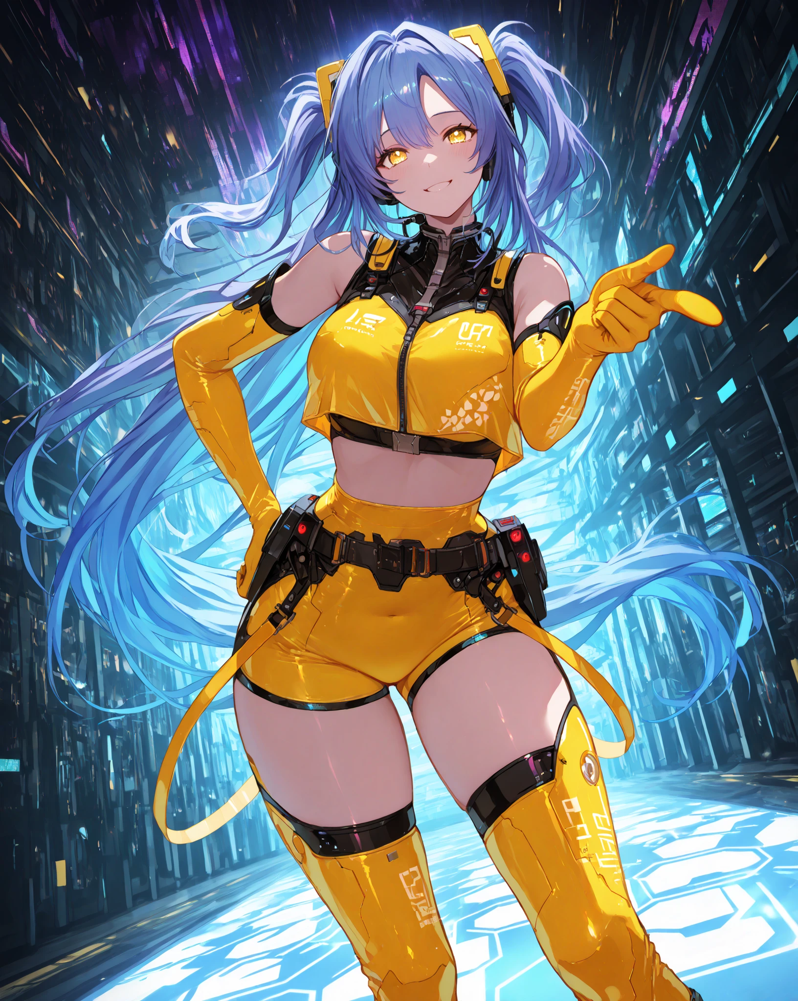 (best quality:1.2,highres,ultra-detailed), detailed face and body of Yuri from The Dirty Pair, stunning Asian beauty, expressive brown eyes, luscious lips, long flowing blue hair, (skimpy yellow outfit), (revealing cleavage), confident and sexy pose, (cyberpunk-inspired city background), neon lights illuminating the scene, vibrant colors, (futuristic and edgy atmosphere), stylish and sleek architecture, dynamic angles and composition, (sci-fi and anime fusion), perfect beauty