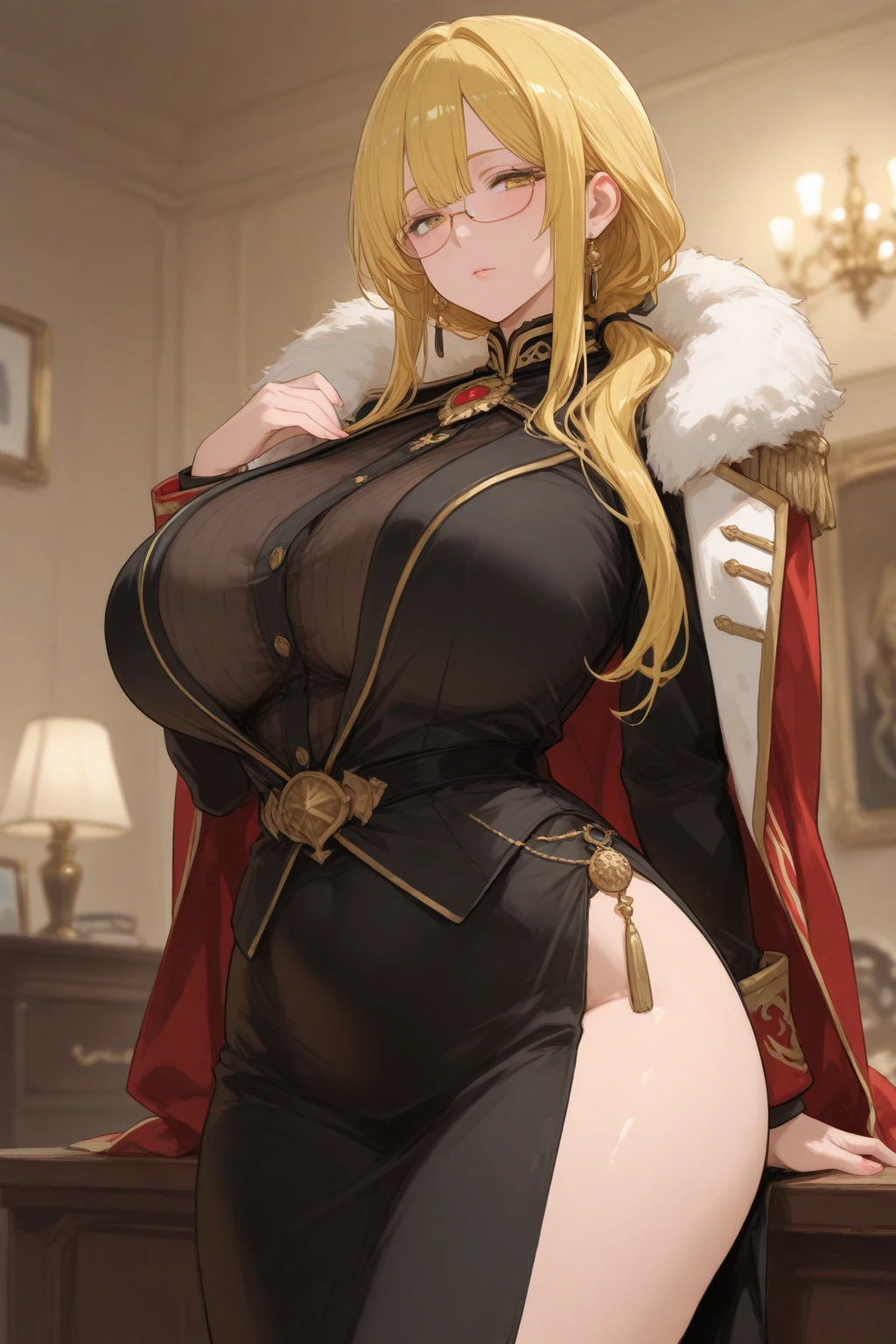 Best quality, high detailed, 8K quality, 4k resolution, stunning japanese girl, blonde hair, necklace and piercing, gorgeous face, huge breast, curvy body, wearing Erotic Faux Fur Coat: Adds a touch of luxury and warmth, suitable for high-fashion business settings, playful expression, pose with both hands, random hairstyle