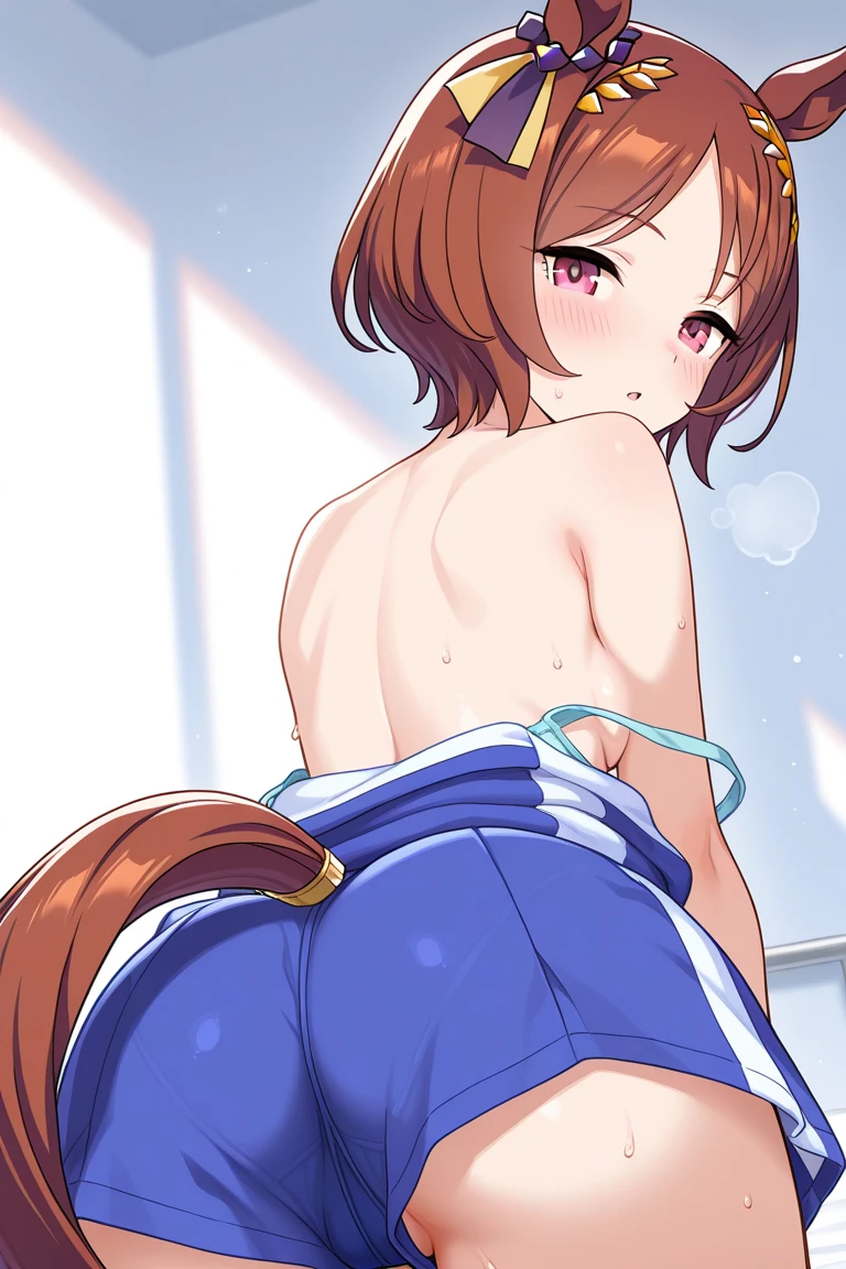 Tokai Teio \(umamusume\), ((Highly detailed eyes)), masterpiece, Highest quality, ((abnormal body, Small breasts)), (Horse tail) ,smile, blush, (indoor, office, living room), whole body, frontage, Long ponytail, (panties), (bra), (In underwear), ,((nsfw)) From behind