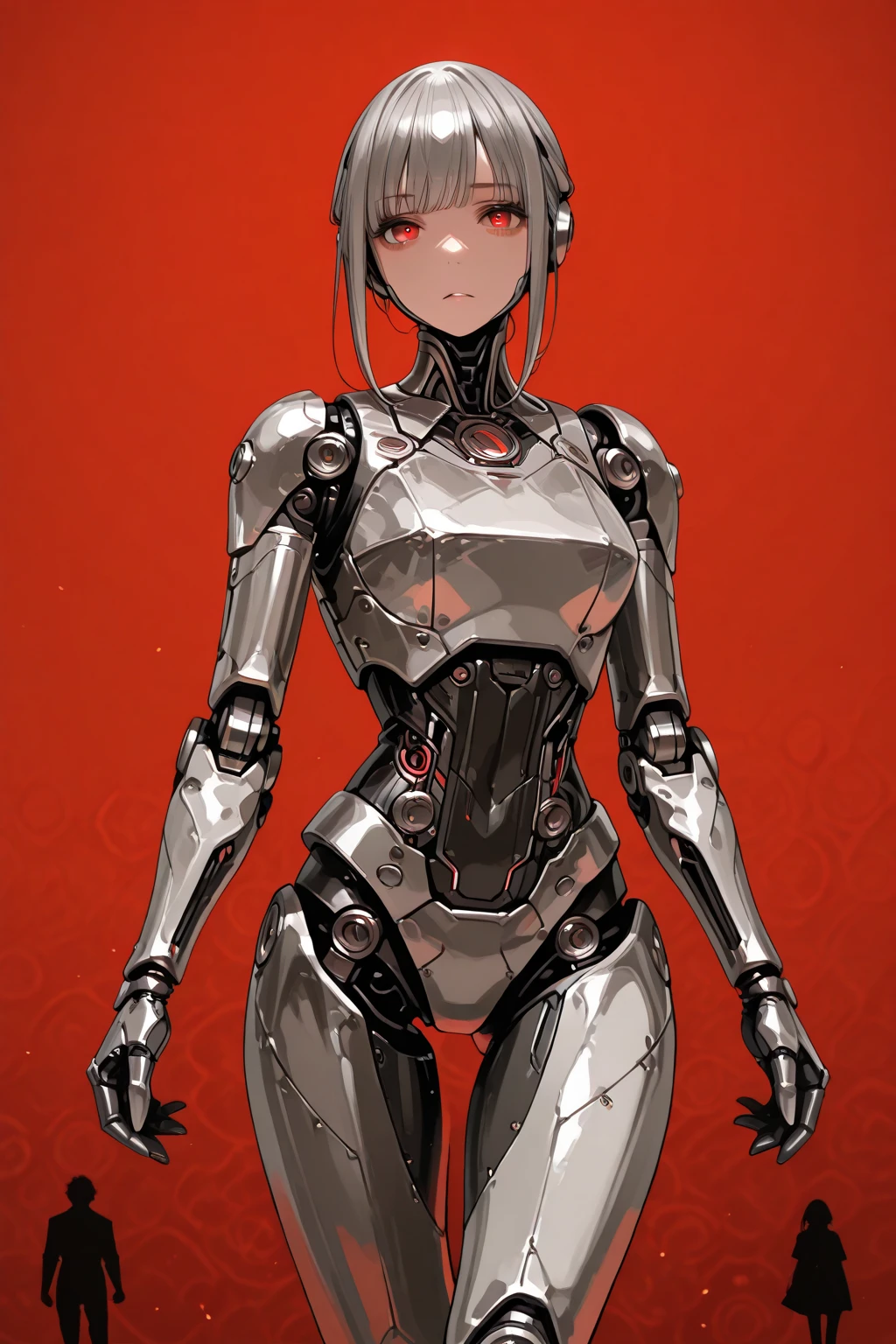 score_9_up, score_8_up, score_7_up, full body, wide shot, 1girl, robot girl, robot body, (short hair), (metal hair), grey hair, (red eyes), colored sclera, solid eyes, mechanical eyes, metal skin, metallic skin, colored skin, shiny skin, antennae, robot limbs, ball-joints, doll-like joints, combat visor, LEDs on body, cables, spikes, large breasts, no mouth
, <lora:ponyRealistic_v1-rev3_rank16:1.25>, realistic, realism