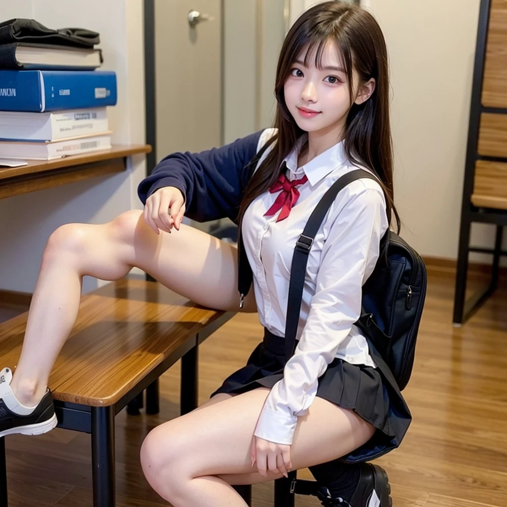 anime, beautiful face, highly detailed face, two exact legs、detailed eyes, highly detailed background, perfect lighting, Accurate weapons, accurate hands, precise fingers, full body, 1 girl, alone, Ruby Hoshino, oshi no ko, indoors, Detailed heels, Detailed thighs, disorganized, High resolution, super sharp, 8K, masterpiece, looking at the viewer, elegant pose, (full body:1.4), inside the school, In the classroom, sitting on a chair in the classroom, uniform, school skirt, cleavage, Wear one school tie