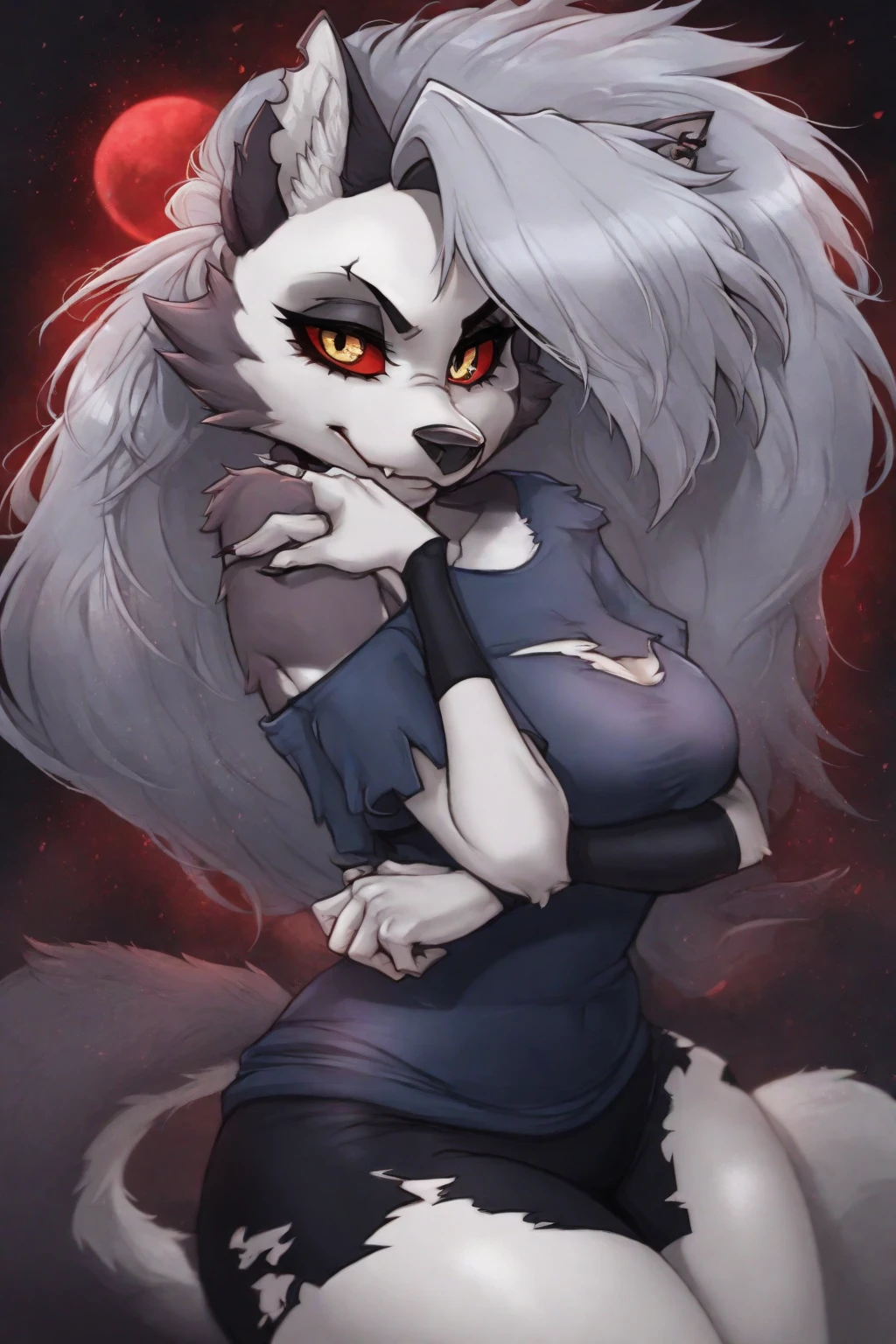 Jan Matejko,Ross Tran,(totesfleisch8:1.1),solo, wolf, portrait, Loona <lora:loonaHelluvaBossLora_loonaLoraV3Latest:1.35>, loona , loona , loonacroptop, white eyes