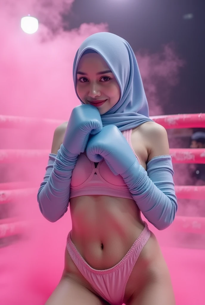 a sserafimsakura, hyper realistic, lifelike texture, dramatic lighting, Nikon RAW photo, 8k, Fujifilm XT3,CitrineDreamMix, masterpiece, best quality, realistic, (photorealistic:1.4), ultra detailed, extremely detailed face, solo,1 malay hijab girl, wearing hijab,standing,fight, (boxing gloves:1), (boxing ring), (smile:1), pink boxing outfit, ( mira filzah:1.2).