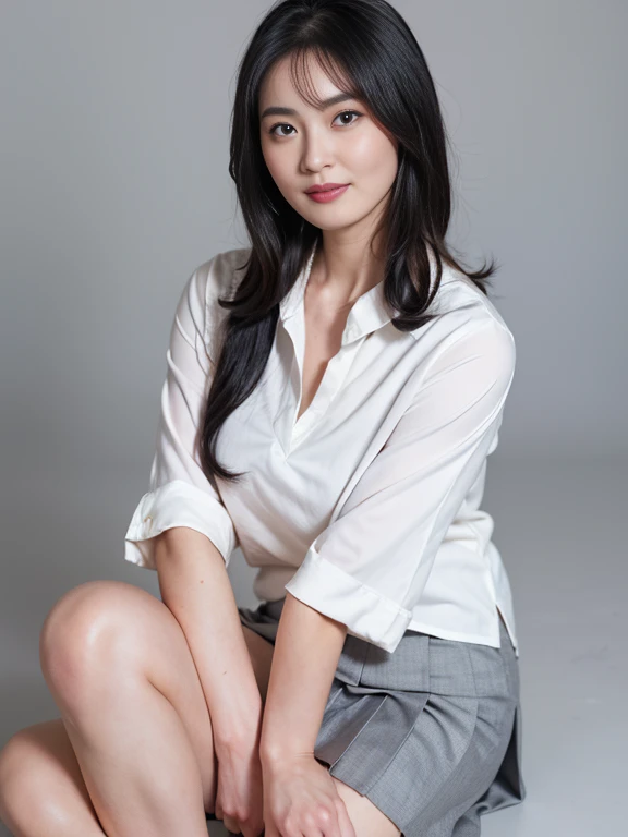 (((One girl,alone))),(Highly realistic photos, High resolution, Detailed face, Beautiful Eyes) Japanese women, 21 years old, Cute face, alone:1, Nice body, Plump figure, Medium chest, ,Hairstyle, Very closely tied, Take a photo book,Thighs、Dark Sky、darkness、Blade Runner,shirt、Leg spread,Healthy Body,smile