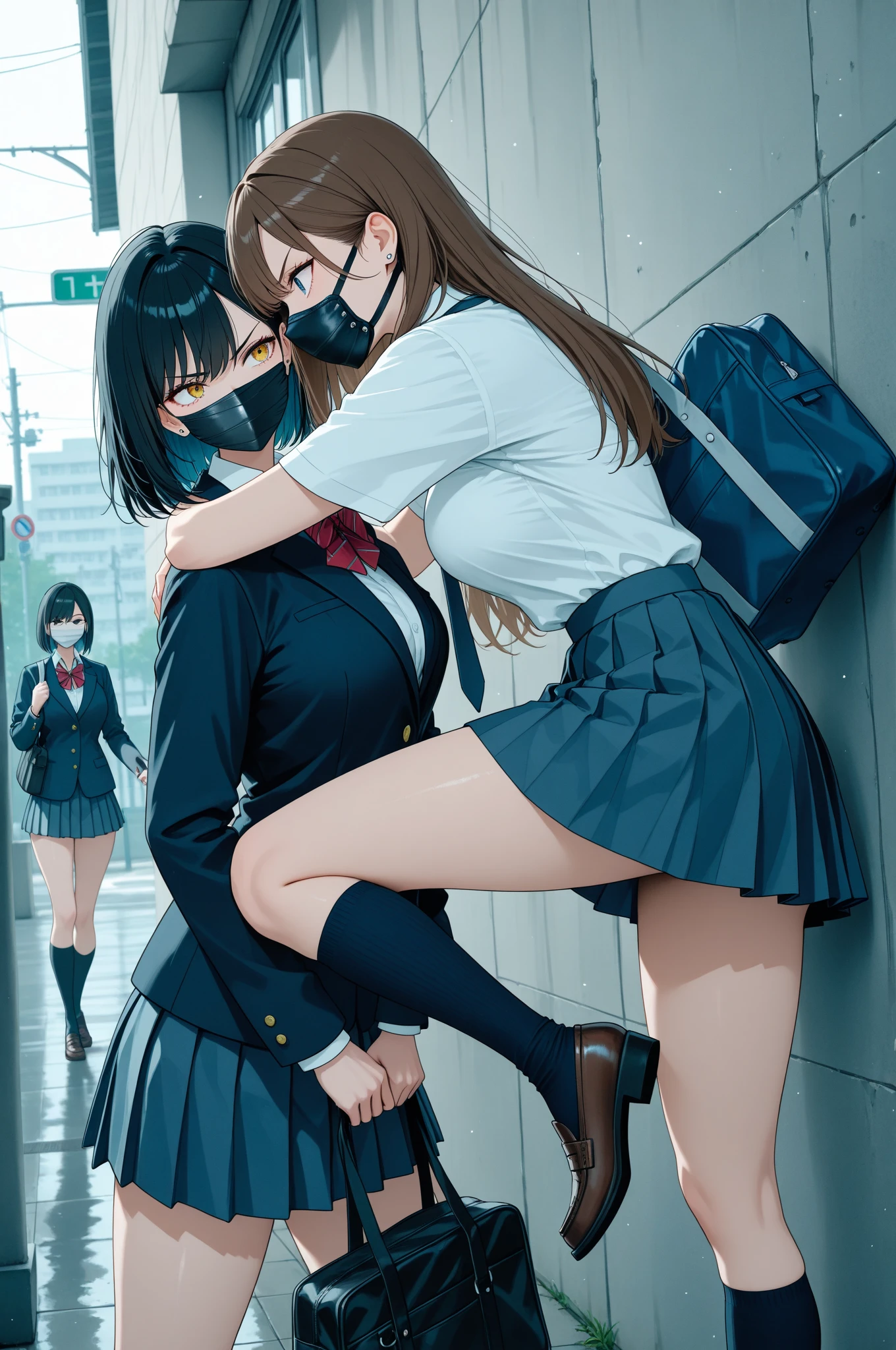 Two 18-year-old girls，Black Hair，Blazer look，They put their faces close together and glare at each other，quarrel，Competing for breast size，School，Wall，Standing firmly facing each other，whole body，Side angle