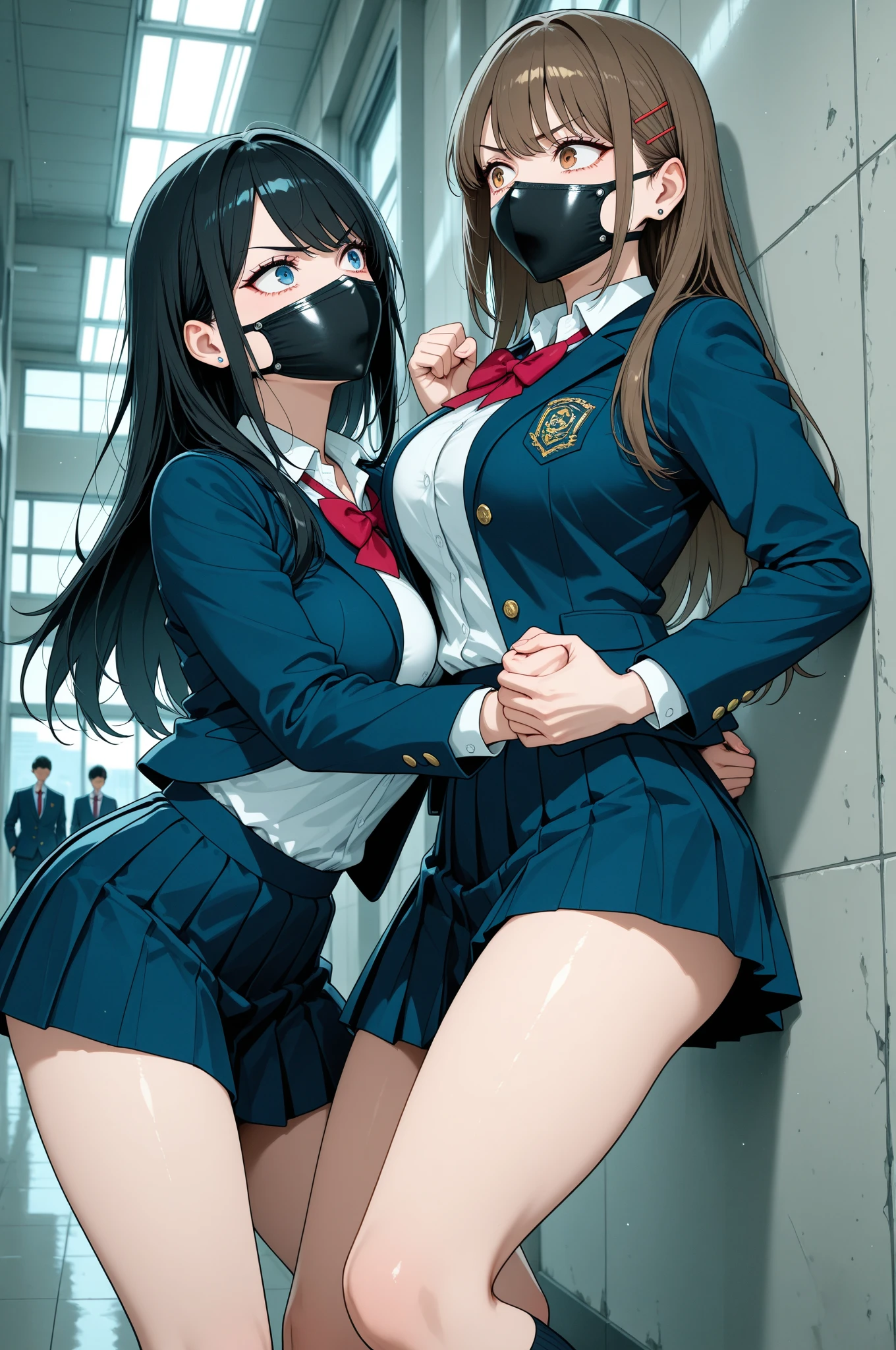 masterpiece, (best quality), perfect eyes, bound, bondage, (arms behind back:1.4), bdsm, tape gag, tape, tape bondage, close-up, restrained, best anatomy, curled up, upper body, shinobu kochou, black hair, butterfly hair ornament, forehead, gradient hair, hair ornament, multicolored hair, parted bangs, purple hair, short hair, two-tone hair, belt, black pants, demon slayer uniform, japanese clothes, pants, uniform,