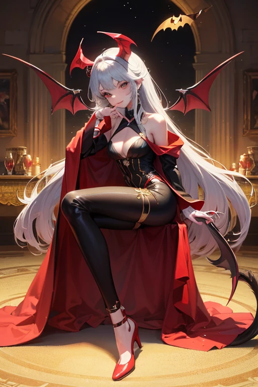 solo, female, long white hair, straight hair, black goat horns, short pointed ears, red eyes, slit pupils, large breasts, tall, medieval, black business suit, red dress shirt, spade tail, black demon wings, pinstripe suit, pinstripe pants, succubus, smirk, seductive, luxurious, lounge couch, curvaceous, warm, intimate atmosphere, close up, fur collar jacket:1.4, male suit, from above