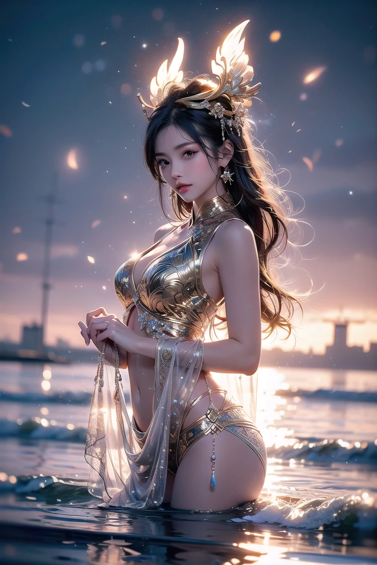 (RAW shooting, 32k:1.5, highest quality, masterpiece, Ultra-high resolution), (Night outdoors, Dramatic moonlight:0.9, Mysterious World:1.2, Expressions of sadness:1.0), Side Shot, Fractal Art:1.3, Perfect dynamic composition:1.3, Very detailedな肌と顔の質感:1.3, Dynamic flow of water waves:1.3, Dynamic air flow:1.3, The subject is observed from a distance, elegant and sophisticated:0.5, Fair skin, Incredibly slim body:0.9, Very beautiful face, Water droplets on the skin, (Yoga Wear:1.3, Zazen pose 1.3, Meditation pose:1.3), Very accurate, Very detailed, Big eyes that exude beauty, Beautiful lips, Unreal atmosphere, Earrings, bracelet