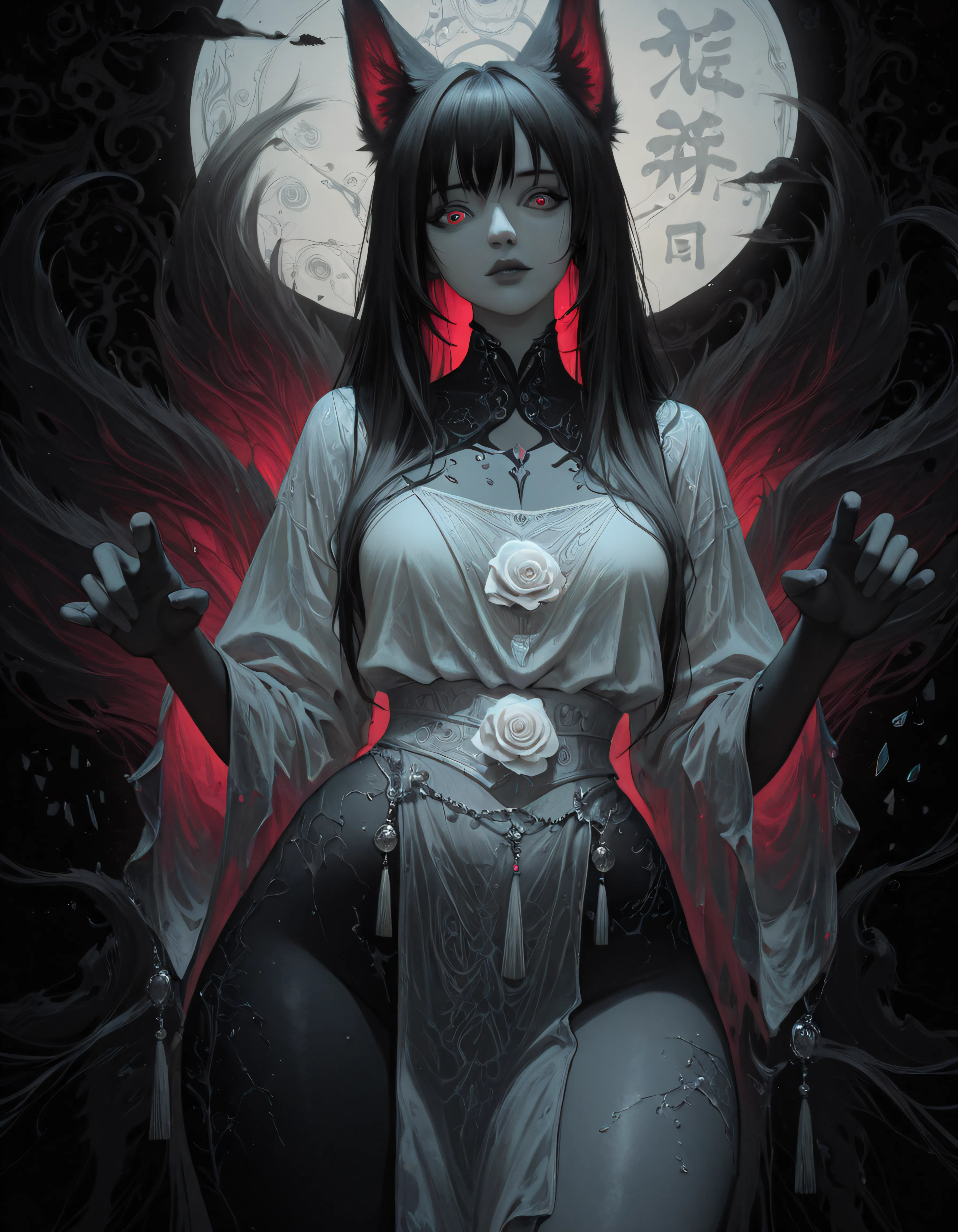 score_9, score_8_up, score_7_up,  solo, a gorgeous japanese girl, ominous, beautiful face, beautiful features, glowing bright red eyes, red pupils, seductive stare, huge demon horns, adorned horns, black sclera, pale skin, black eyeshadow, thick red eyeliner, red lipstick, thick eyelashes, beautiful black hair, bloody hands, dark red gemstone in forehead, dark red jewelry, wearing a black kimono, long red fingernails, black background, red linework around the character, thick line art, large glowing moon behind the character, drapery dress, dark red cloak, looking down at the viewer, cowboy shot  expressiveh d4rk01l