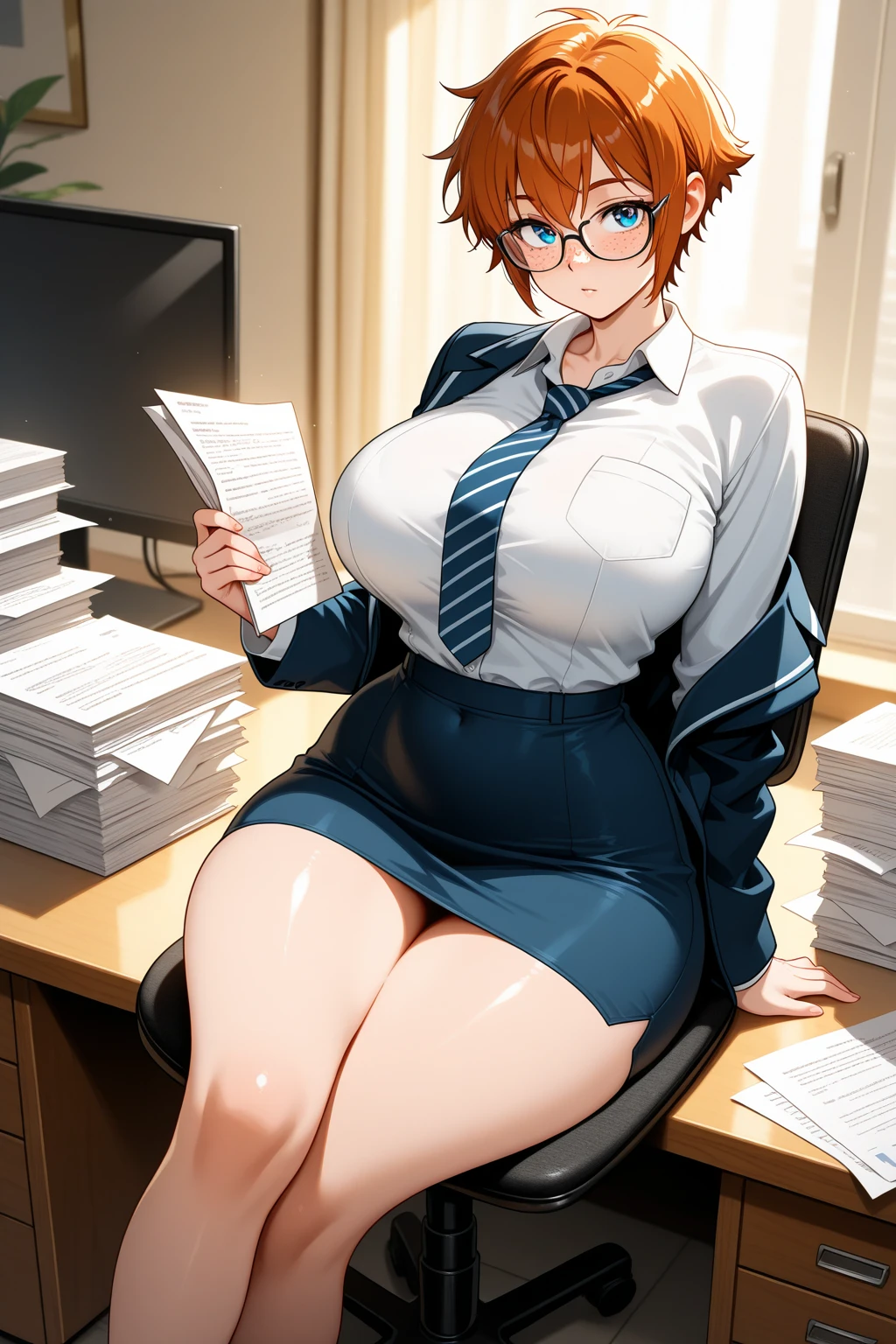 Female,curvy,red hair,orange eye,suit,dagger,sitting on a office desk