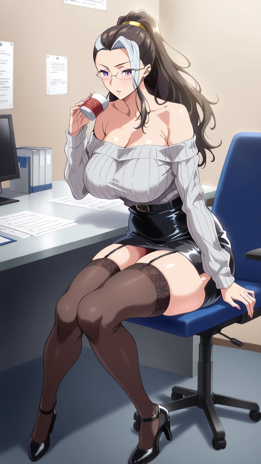 ((Correct Anatomy)),((Sit in an office chair)),((Cross your legs)),((((Black Stockings)))),((Beautiful feet)),((A shy smile)),((Lacy white panties)),((Office Costume)),((White blouse)),((Office Uniforms)),((Pleated mini skirt)),Ultra-high resolution,Mature Woman, Mature Woman, Very detailed,Extremely fine skin,Beautiful Skin,((Sweating all over the body)),(Big Breasts),((Beautiful legs)),Perfect hands, Detailed fingers, Beautiful details, ((Long Hair)),((ponytail)),Black choker, Earrings,High heels,High rise office building,Perfect Eyes, Captivating eyes