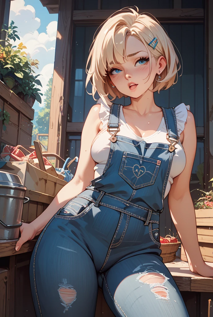 (1980s anime), absurd res, blue overalls, body freckles, face freckles, breast slip, huge breasts, (skindentation:1.4), blonde hair, red baseball cap, cleavage, farmer woman, no bra, no underwear, naked overalls, hand on hip, sassy pose, toothpick in mouth, in an open barn with hay bales, beautiful day outside, sunny, sun rays, (shot from below:1.4), huge breasts, showing cleavage, wide hips, thin waist, realistic skin, (Solo:1.1), retro fashion, muted pastel colors