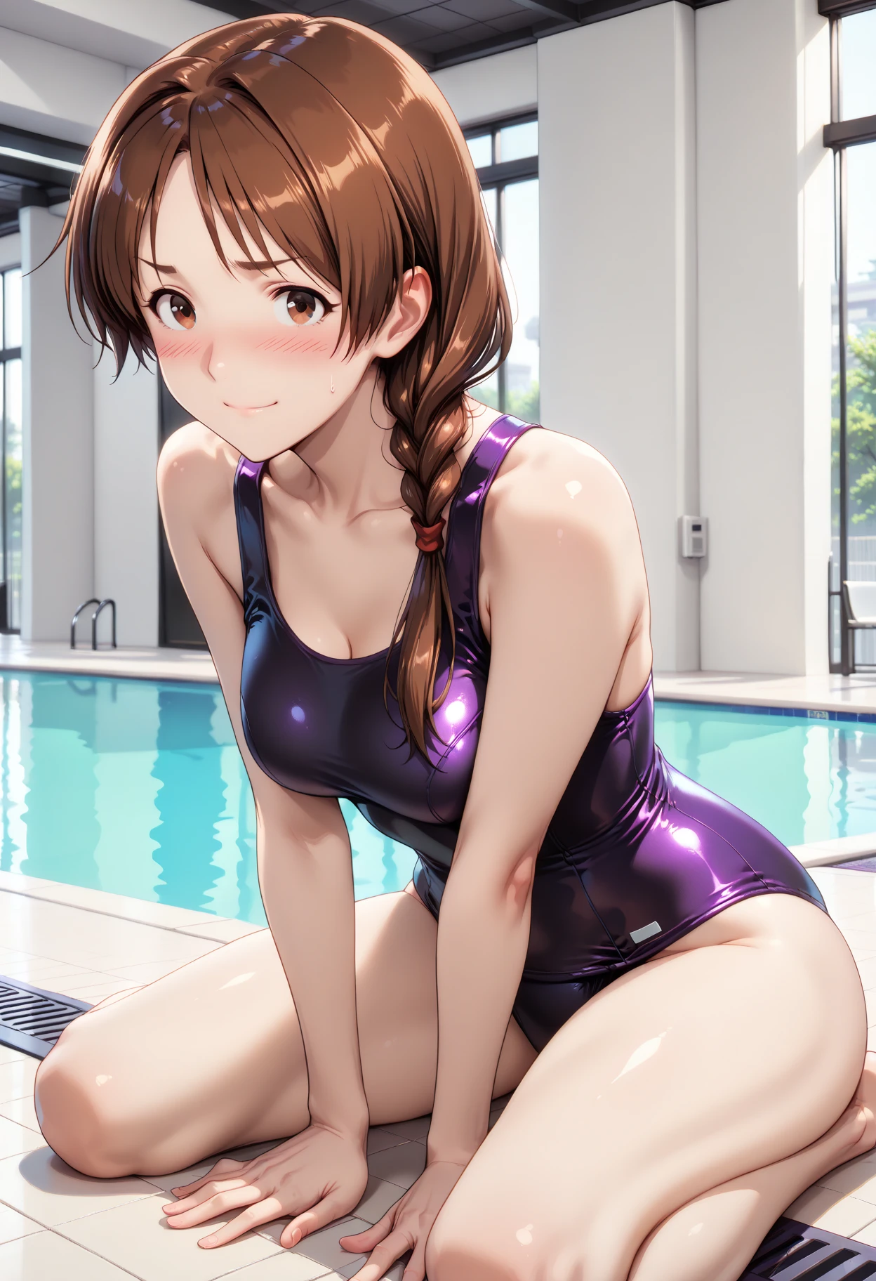 ((full body)),(Highly detailed CG), (Highest quality), Perfect Face, Glowing Skin, Shiny skin,Wide Hips, ((Squat)), One girl,alone , ((shirokoswimsuit)), MioSuto,Iris,star(symbol),Black Hair, Earrings, Knee-high boots, Brown eyes, ponytail, Brown Hair, smile,Thick thighs,Butt, Butt focus, Recall, smile