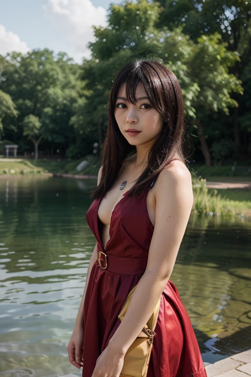 Japanese girl, beautifull, red dress, lake