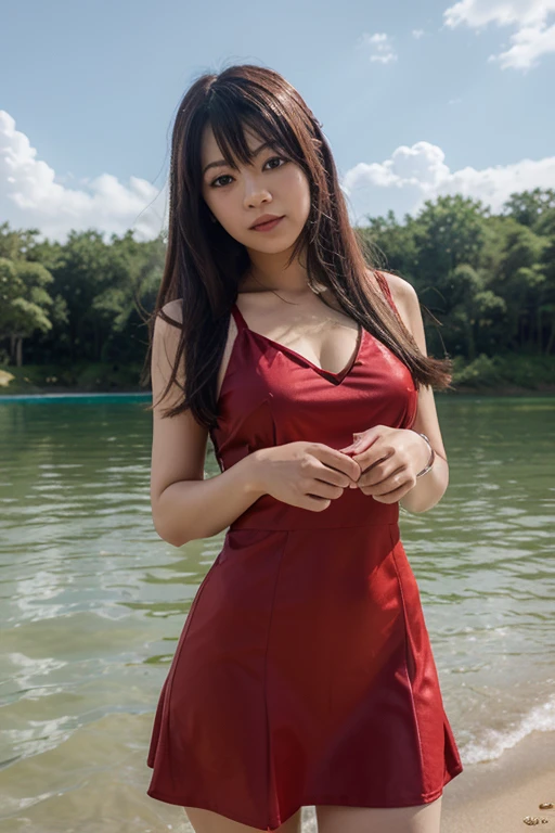 (( in a front a painting, terrace, buy hairstyle, standing, red sexy dress, closeup shot, cleavage, high heels good hands, thighs)), (masterpiece),((ultra-detailed)), (highly detailed CG illustration),(expressionless), (best quality:1.2),(1girl),High quality texture, intricate details, detailed texture, High quality shadow, brown eye pupil, depth of field, perspective,20s, (big eyes:1.2),blush,perfect body, Natural big breast, distinct_image, (HQ skin:1.3), solo focus, (brown hair), ((medium hair)), ((loaning on a wall)), ((Close up))
