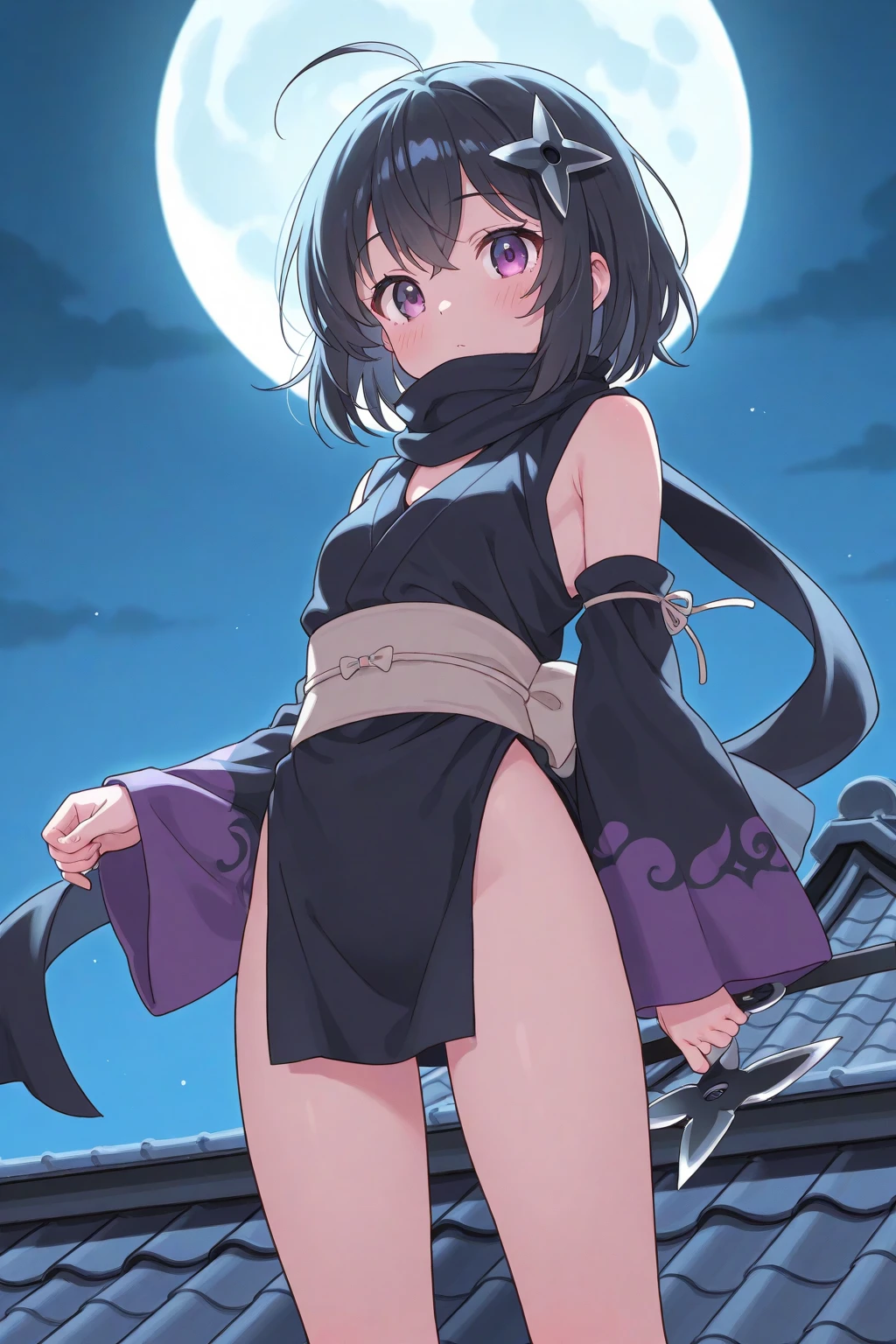 ((masterpiece, highest quality:1.3)),cowboy shot,20 year old beauty,Female Ninja、(((kunoichi uniform,all black kimono、Sleeveless))),solo,((very small head)),dark purple hair,short bob hair,bangs,purple eyes,blush,medium breasts,((very long body,slender body)),skinny,gleaming skin,oily skin,sweat,Bamboo grove、at night、Moonlight shining in、