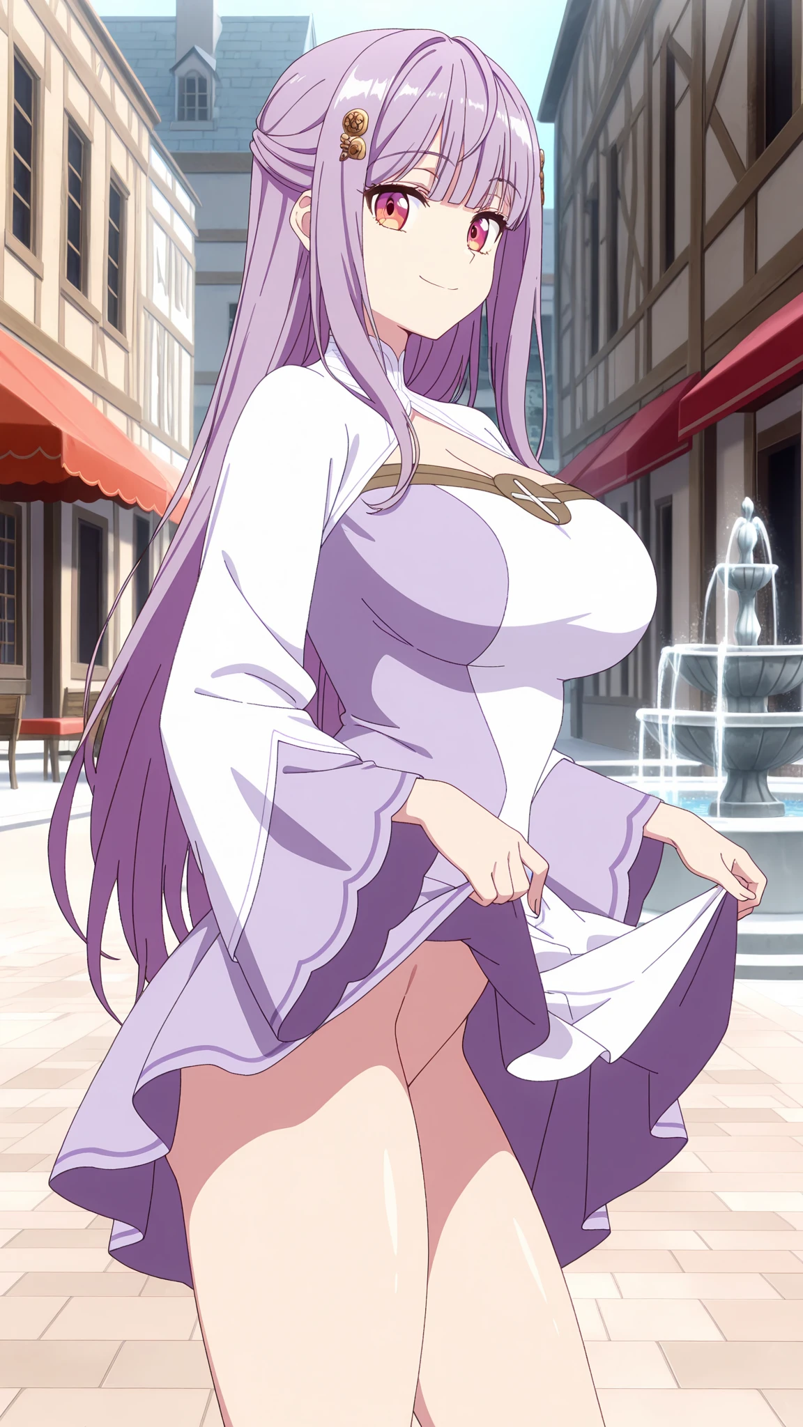 masterpiece, aesthetic, ,, newest, Mountainous panorama,Alpine peaks, <lora:hex_maniac_lycoris_dim16_alpha16_adafactor_1em4:1>, HEX_MANIAC, 1girl, purple hair, purple eyes, long hair, ahoge, breasts, Oversized white collared shirt worn off-the-shoulder, tucked into a pleated metallic flared skirt with stiletto heels., Sitting with legs crossed and hands in prayer position,