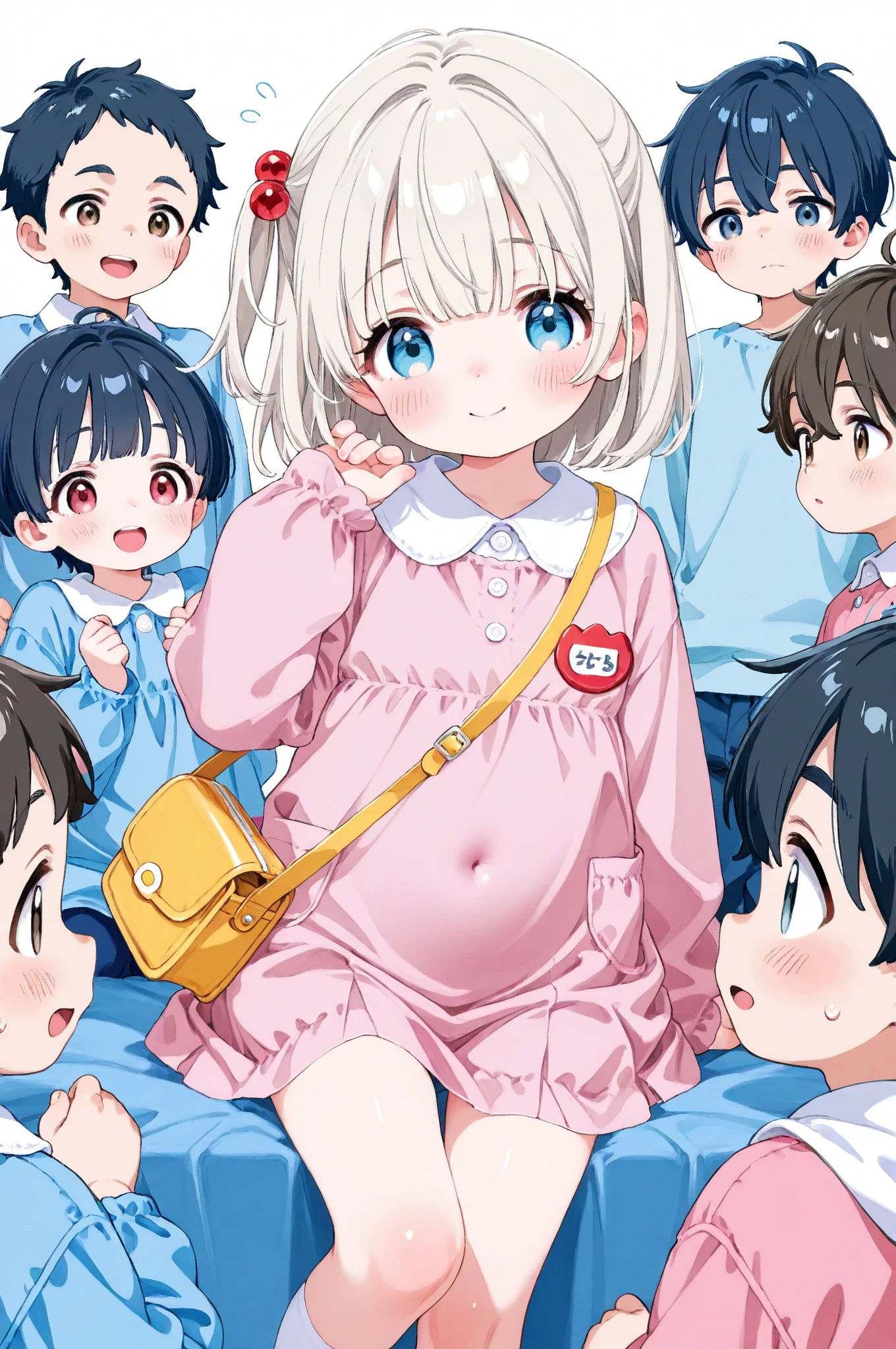 Change hair color of the blonde haired female in the middle to reddish brown, add pastel color background evoking ???? educational goods and toys, high resolution, best quailty, masterpiece