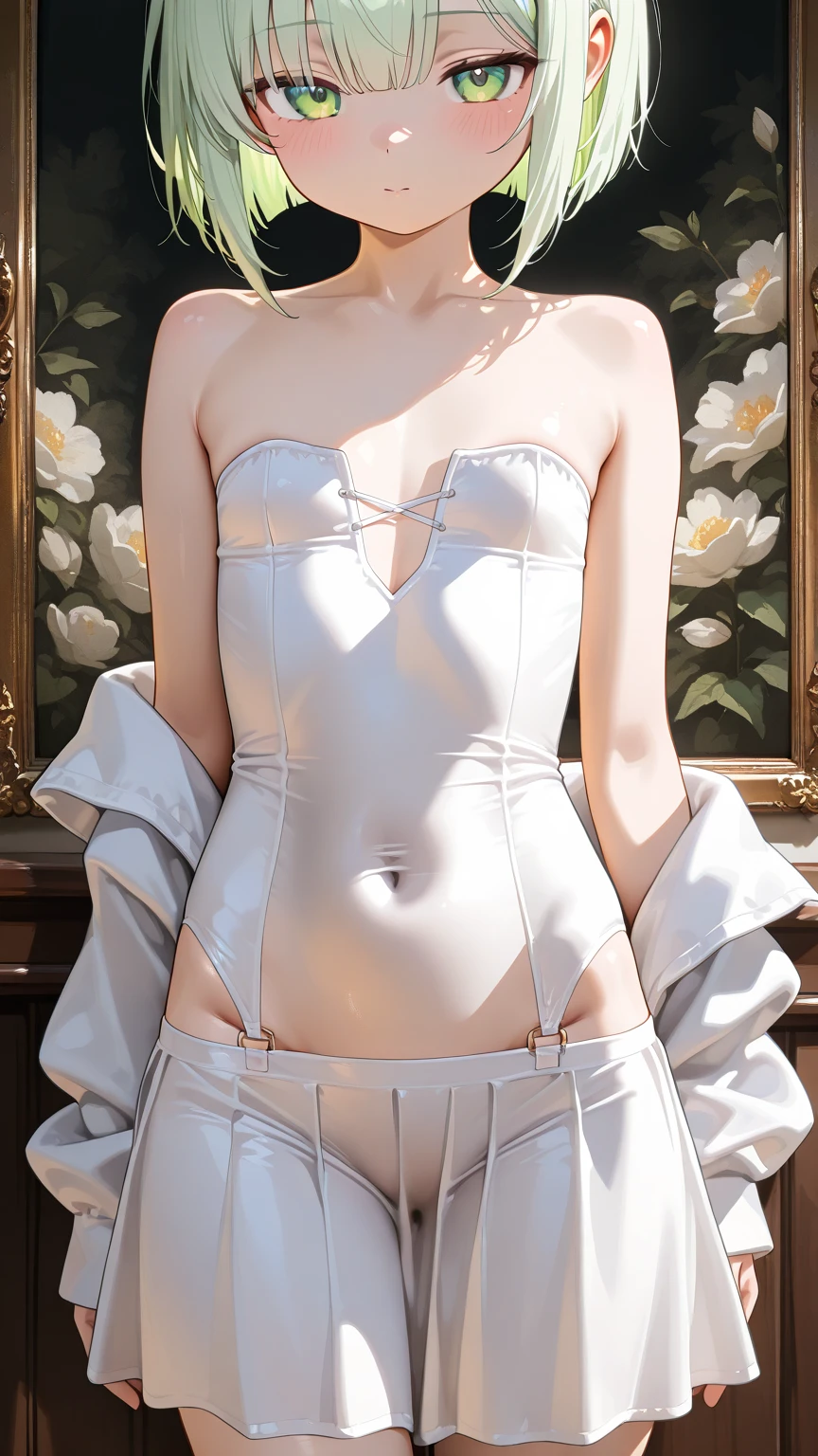 NSFW, full body, ,art by Carl Larsson:1.2,(Realism),showing the butt,monet color,arroyo,shooting they seek,,whole body,oil painting,(face up:1.2),narrow waist,(Wide hips:1.3),t(high thighs:1.2),drops,Well,Soft lighting,Cold,HM2B, black blindfold, covered eyes, mole under the mouth, clothing trimming, long sleeves, puffy sleeves, juliet sleeves, feather ornament, black thighs, black gloves, Covered navel, (white leotard:1.2),by white, simple backroom gris