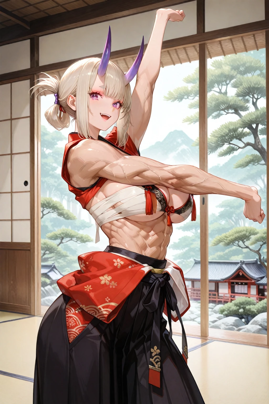 <lora:add_detail:1> <lora:GoodHands-vanilla:1>,  <lora:Rinkah2:1>, rinkah, abs, dark skin, japanese shrine
