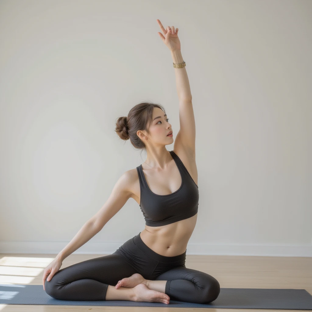 Close-up shot , Best image quality (8k, High resolution, masterpiece: 1.2), Very detailed, 215 Short Hair, 16-year-old female, situation: Yoga sessions in the park or at a studio。 clothing: Tight-fitting yoga pants and a tank top。Barefoot or yoga socks。Hair in a high ponytail。 angle: Profile of a person posing on a mat。Choose a balanced yoga posture.、Emphasis on calm and focus。that'It would also be nice to take a full-body photo with the bird.'S-shaped view shot from above.。 Face close-up , Random cute poses ,Big eyes ,Puffy eyes , Heart pupil, blush , Big shy smile , salute