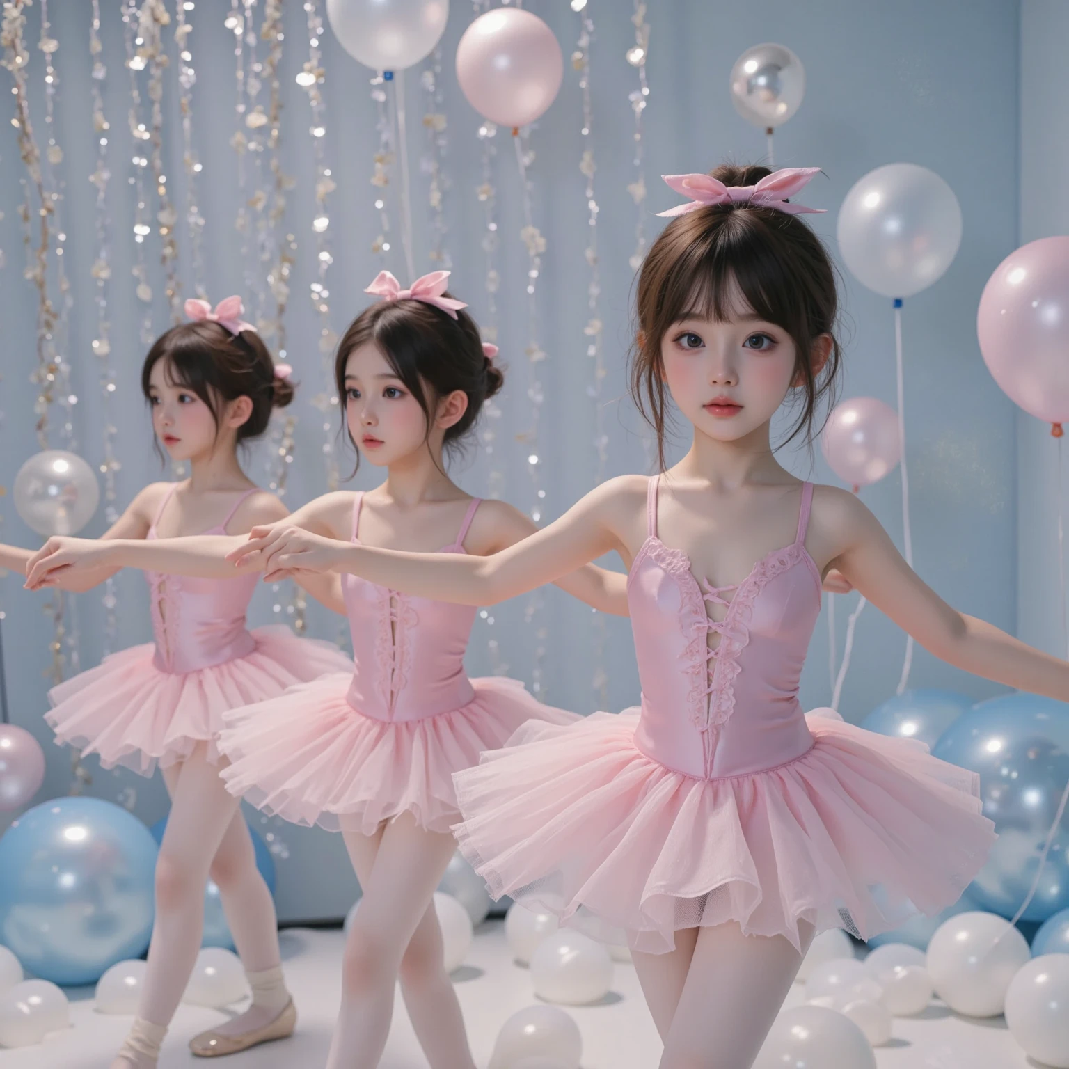 ExtremelyDetailed (((Ballet Dancer Team Kawaii Kids in a row:1.4))), Childish perfect face, Reflective Eyes, Detailed(Delicate Clothing textures), Corrected Leg to Foot Line, Corrected Childish Hand, Dynamic Joyful Expressions LifeLike Rendering, ((Specular Reflection:0.8)), TopQuality 8K Ultra-detailed masterpiece (ProfessionalPhoto:1.37)(Acutance:0.8),(Luminism:1.28), facing away (from side ) Assfocus