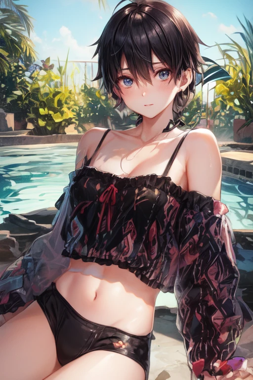 1female,for 6 years old,bit girl,Small loli,smallunderboob,Raised sexy,Pornographic exposure, 独奏,(Background with:Surrounded by lotus flowers,bamboo forrest,Lotus pond,lotuses,lotus flower,china rose,rosette,chrysanthemums) She has short black hair,standin...