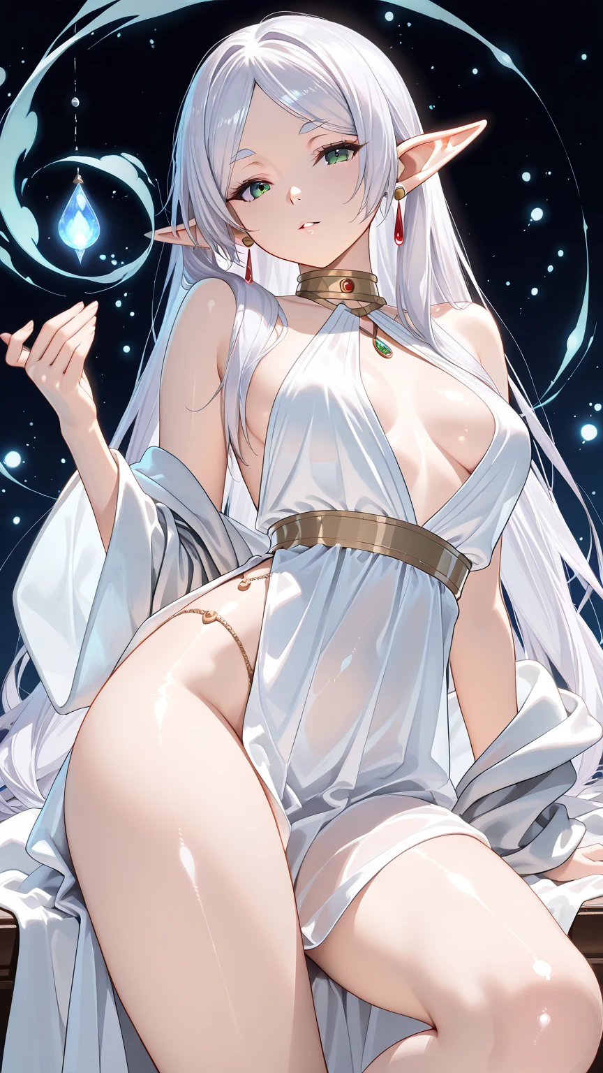 (((Back view)))、(((Strong winds)))、storm、(((Golden eyes)))、(hair ornaments)、(Golden Tattoo)、(((naked)))、(((pubic hair)))、Female organ、Beautiful beauty、(((Gray Hair)))long、((whole body))、(((Photo taken from below)))、Night Sky、The background is a night forest