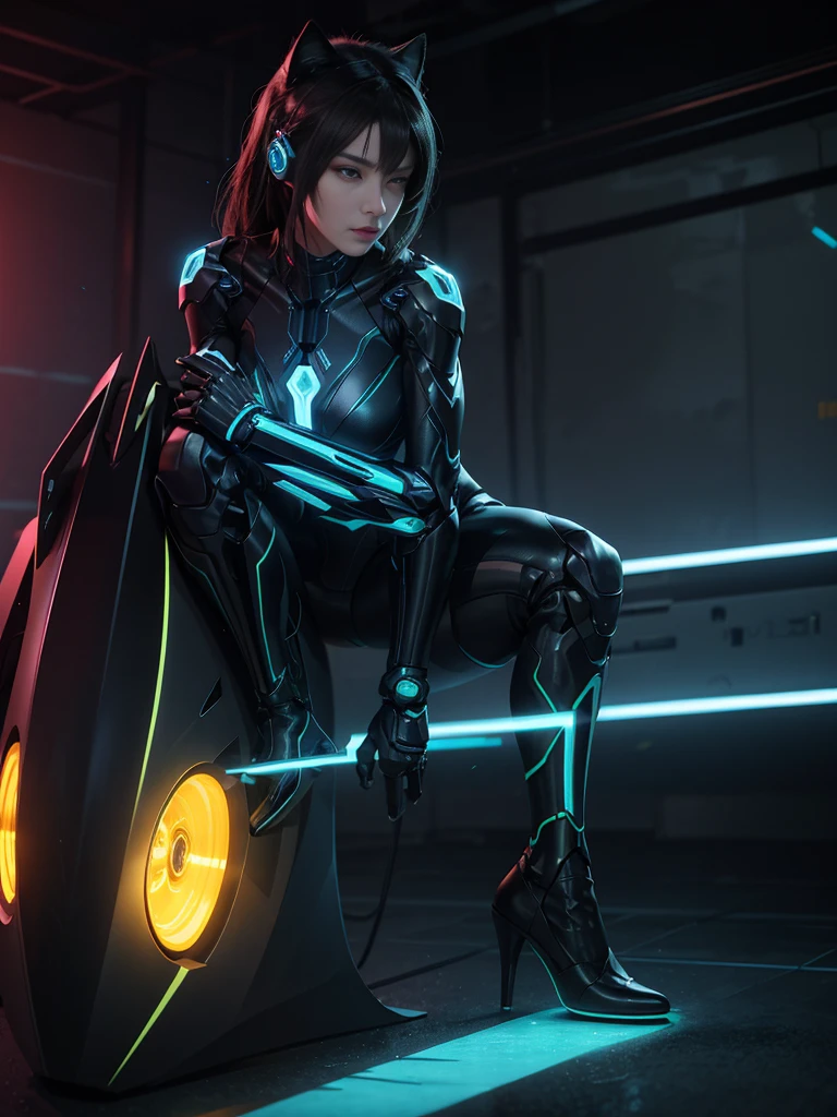 Tron Mujer Quorra, obra maestra, 4k, mejor calidad, rostros super detallado, vista desde atras, tiro de panty, ropa transparente ajustada, pechos gigantescos:1.4