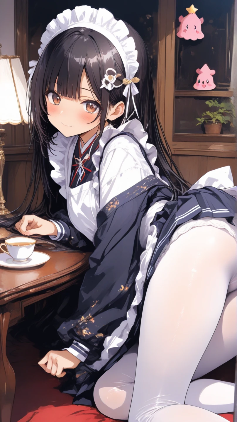 One Woman、One Man、The man is looking up her skirt、Beauty、Cafe、Cafe屋の制服、?乱Cafe店員、Cafe店員、Age 25、Tight Skirt、Large number of customers、Looking down at the viewer, ponytail, Highest quality, Focus on the thighs, smile,  Black Pantyhose, panties under pantyhose、Plump thighs、Big Ass、Big 、 Black Hair,My thighs are steaming between the legs 、Sweaty pantyhose、Angle from directly below、Waiting for Obon、Coffee cup on the tray