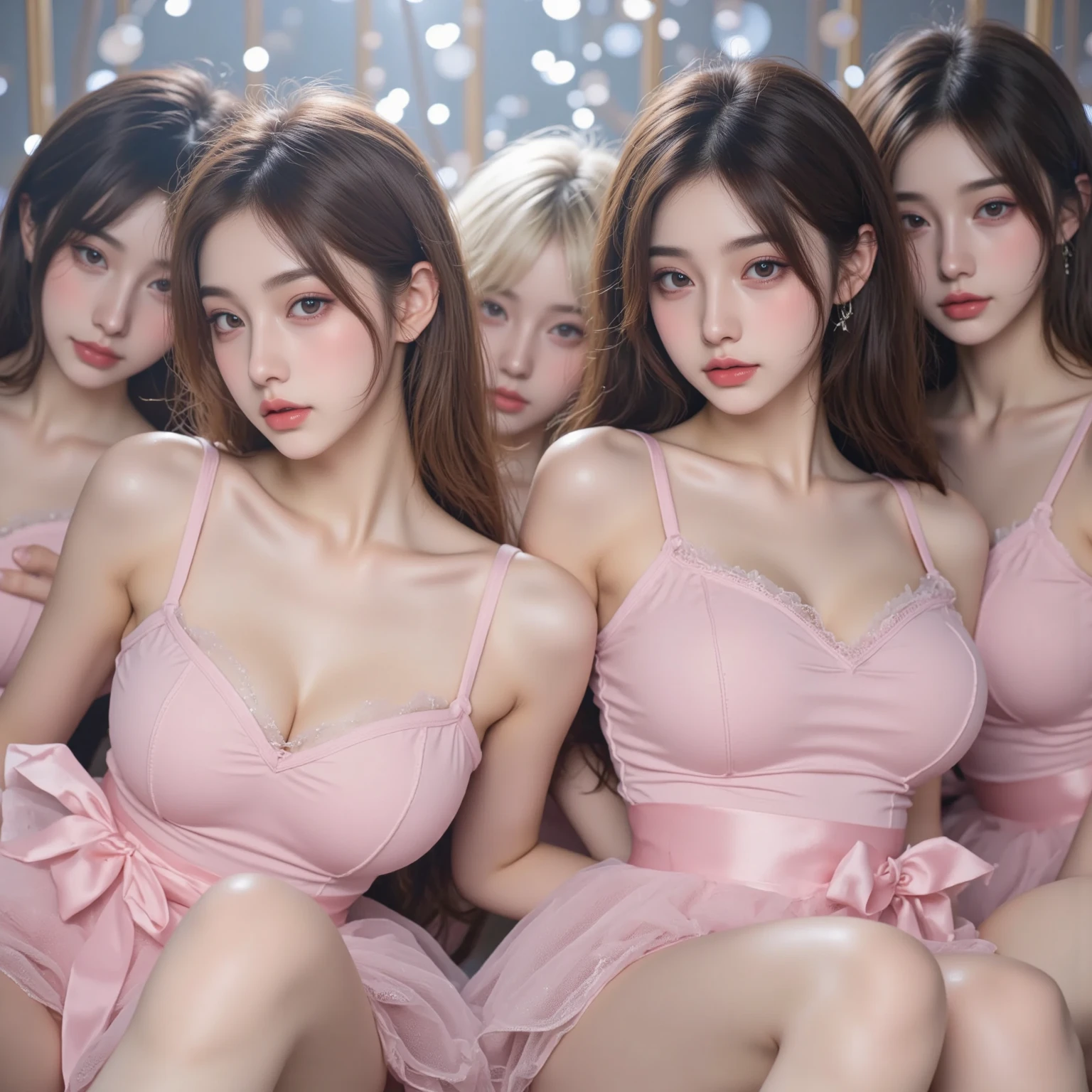 Realistic, (photo-Realistic:1.37),(8k, RAW Photos, highest quality, masterpiece:1.2), cute, Dayu Seren, (Pink Hair :1.3),(highest quality、Tabletop、8k、Best image quality、Award-winning works)、(Group photo of three beautiful women:1.5)、(Harem of three women:1.5)、Perfect composition、(Huge breasts:1.2)、(very long, Protruding chest:1.2)、(very long and wide chest:1.2)、(柔らかい垂れたHuge breasts:1.2)、clavicle、(The perfect dress:1.2)、(Very atmospheric and warm lighting:1.1)、(The location is a huge bed in a luxury love hotel...:1.1)、(He looked at me with a happy expression.:1.1)、Sexy sculpture pose、Perfect Makeup、Ultra-high resolution beauty face、Ultra HD Hair、Ultra-high resolution sparkling eyes、Super high quality glossy lip、Accurate anatomy、Very beautiful skin、Ultra-high resolution, Glowing Skin