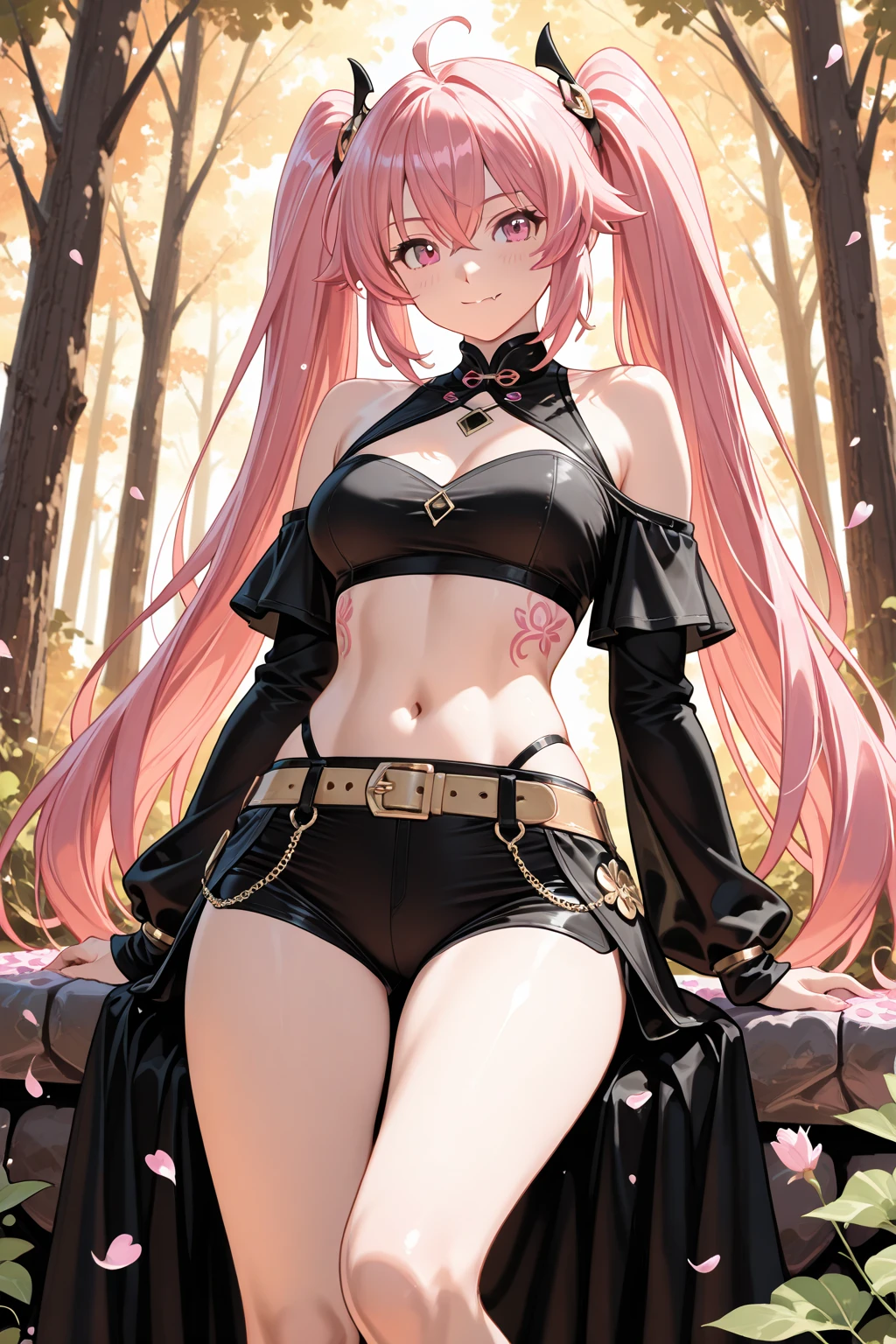 A pink haired woman with violet eyes and an hourglass figure is walking with a wolf in the forest.