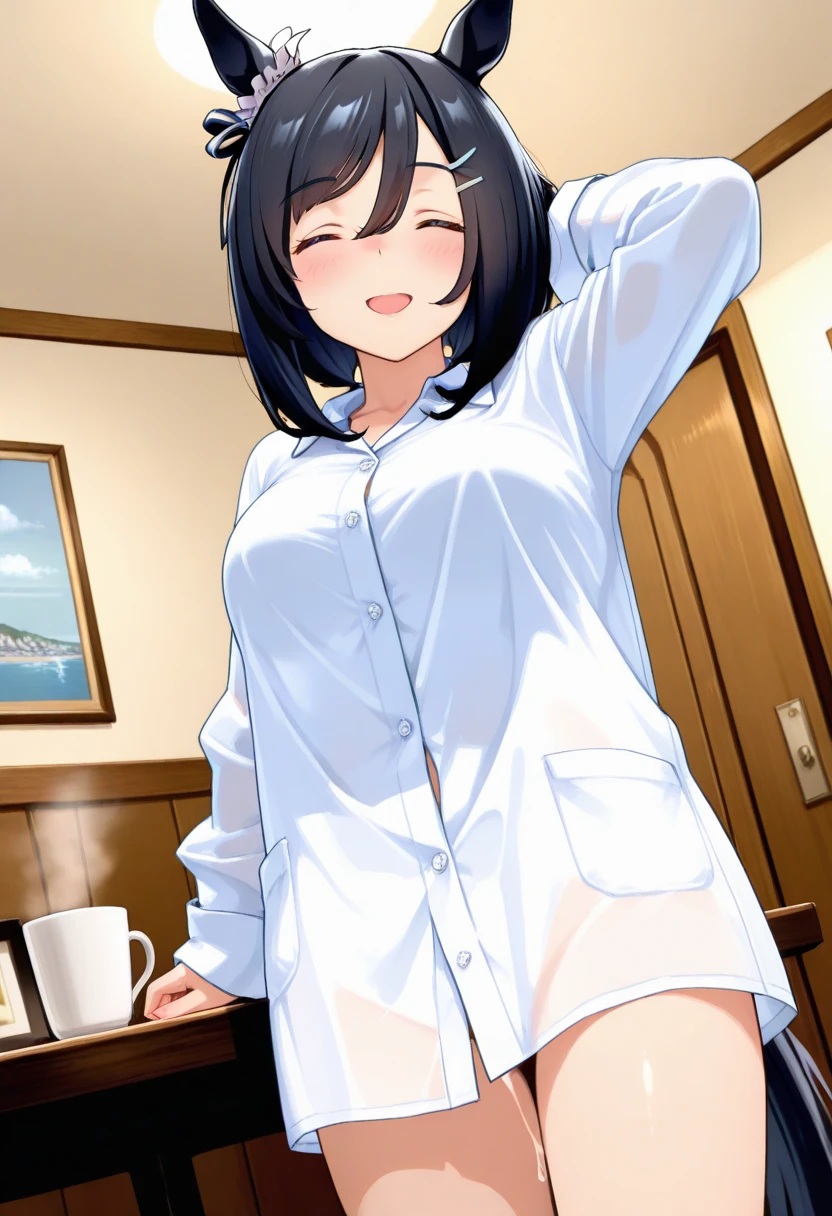 1girl, 独奏, medium breasts, dark skinned female:1.2, ,(dark skin:1.8), black hair, short hair, pixie cut, wavy hair, amber eyes, one eyes closed, wake up yawn, open mouth, covering mouth, pijamas, (white pajamas), window, morning, looking at viewer, sitting, seiza, waking up, on bed, full body,  ((ultra detailed, masterpiece, best quality, 8K)),((Urine-stained futon,Pee-stained futon,Steam from crotch,Hospital room,Peeing,Urinary incontinence,Urine vapor)),((Open your eyes)),huge breasts
