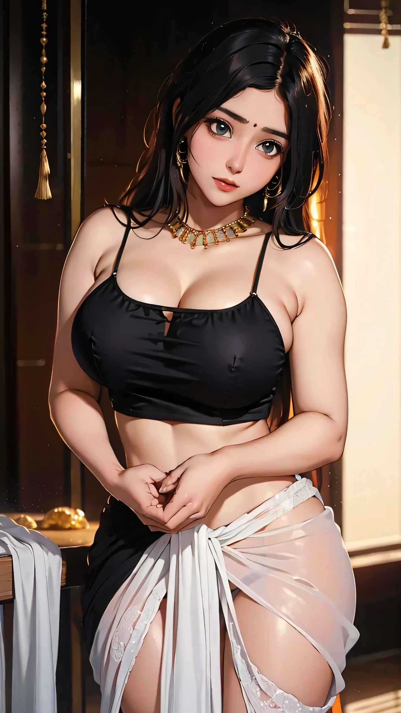 Glamorous，Sexy，Married Woman，side braid，Black Hair，Face red，Shy，lipstick，Wearing earrings on one side，Big breasts，cleavage，Bedroom，Darkness all around，Orange lace，Sweat，Orange lace，White mucus all over body