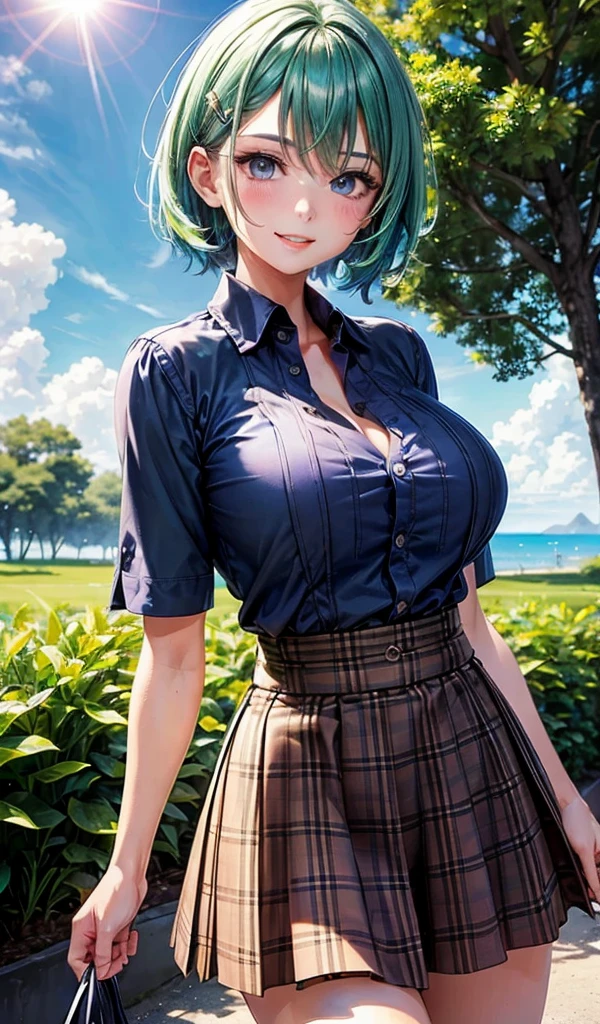 button down shirt, ((unbuttoned shirt)), ((blue floral pattern shirt)), cleavage