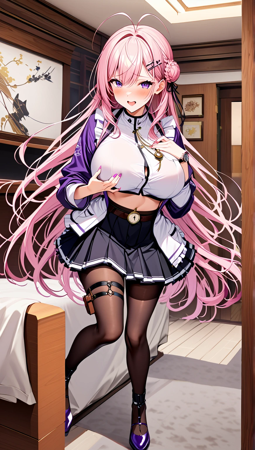 (masterpiece, top quality, best quality, official art, beautiful and aesthetic:1.2), extreme detailed, colorful, highest detailed ((ultra-detailed)), (high quality photo, 16k photo quality:1.4), ((an extremely delicate and beautiful)),(ultimate shiny skin, detailed skin, ultimate detailed face), beautiful detailed eyes,Beautiful Anime Girl,(Solo Girl),(Super huge boobs:1.4),(super huge breasts:1.4),(Sensual,Glamorous:1.4),(pink,very Long Hair,wave),(Big light purple eyes),Collared shirt,short sleeve shirt,Pleated skirt,lying on the bed,on back,school tight,pink pillow , pleated skirt, zettai ryouiki,high resolution,heart shaped pupils, plaid skirt, black stocking,claw pose,lie on bed,liying , full body , toe,full body seen,full-face blush,sexual climax,With tears in her eyes and her mouth open,open mouth,