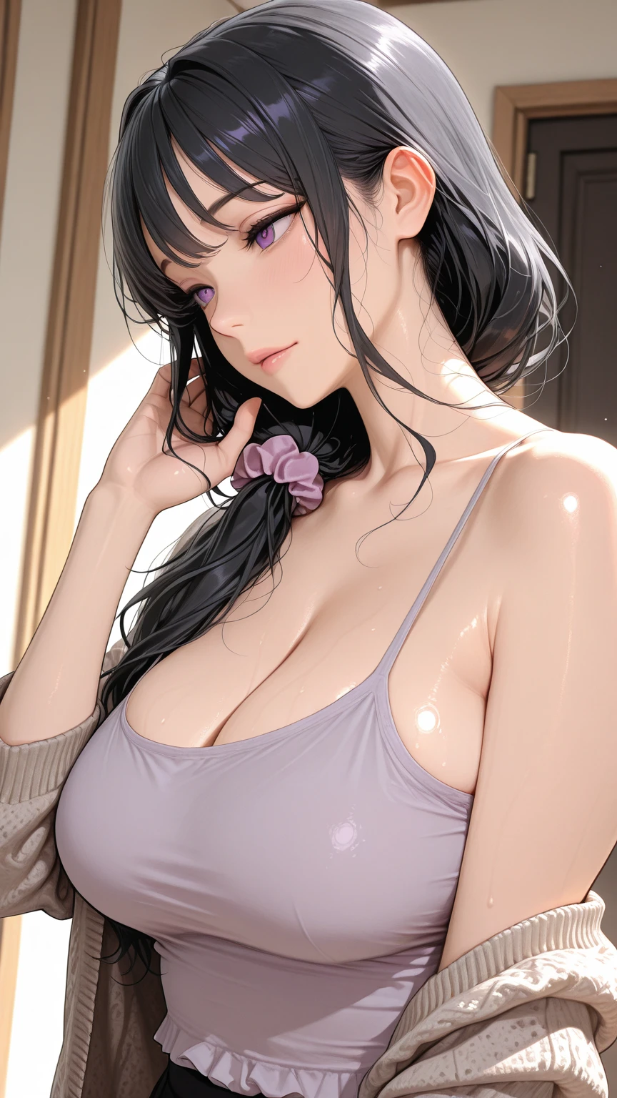 Hot sexy beautiful, white sweater,cross earrings,big breasts, lipstick,makeup, black,two falling hair strands,blush,long hair , purple eyes,off shoulder kimono , cleavage ,hair bun