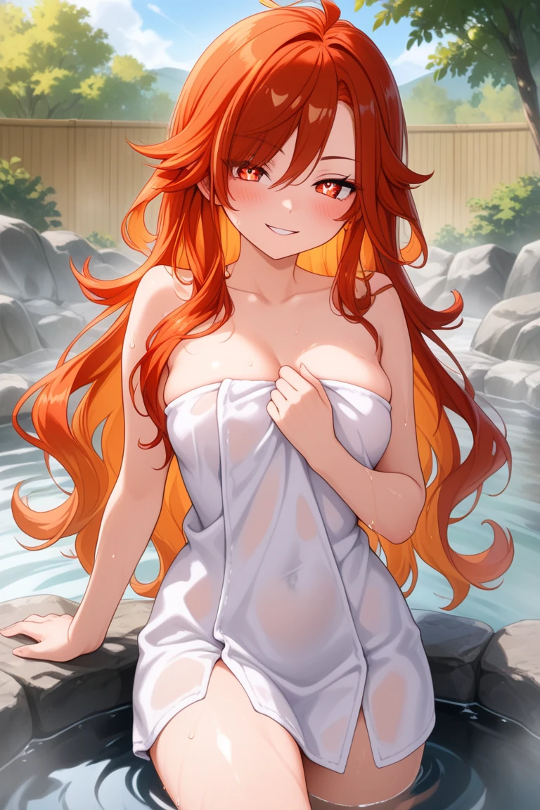 Girl, Rias Gremory, smiling, red hair, black eyes, bathing, standing on a watery and rocky floor, D size breasts, thick thighs, thin waist, pixel art, wearing a towel