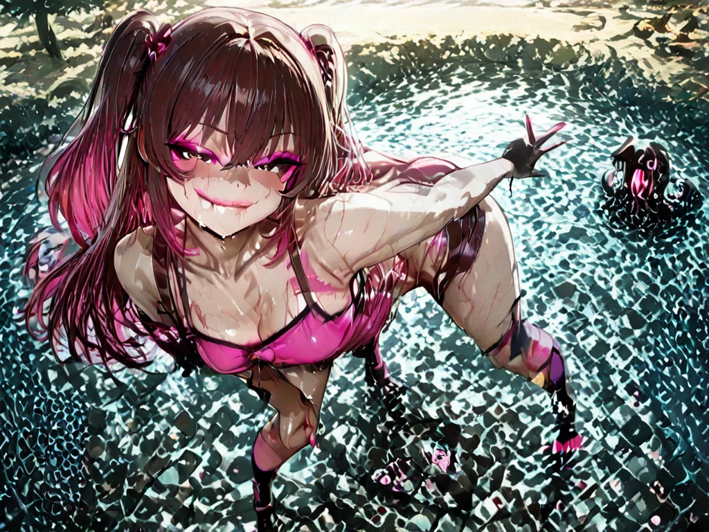 1 female,black hair,((12 years old)),(((blue shiny skirt)))((Sexy black micro bikini))(((blush、open mouth smile)),(((Yuki Mikan))),(((portrait))),crowd,(((white see-through tank top)))(baby girl body shape)(((small breasts)))sexy pose,(tentacle)